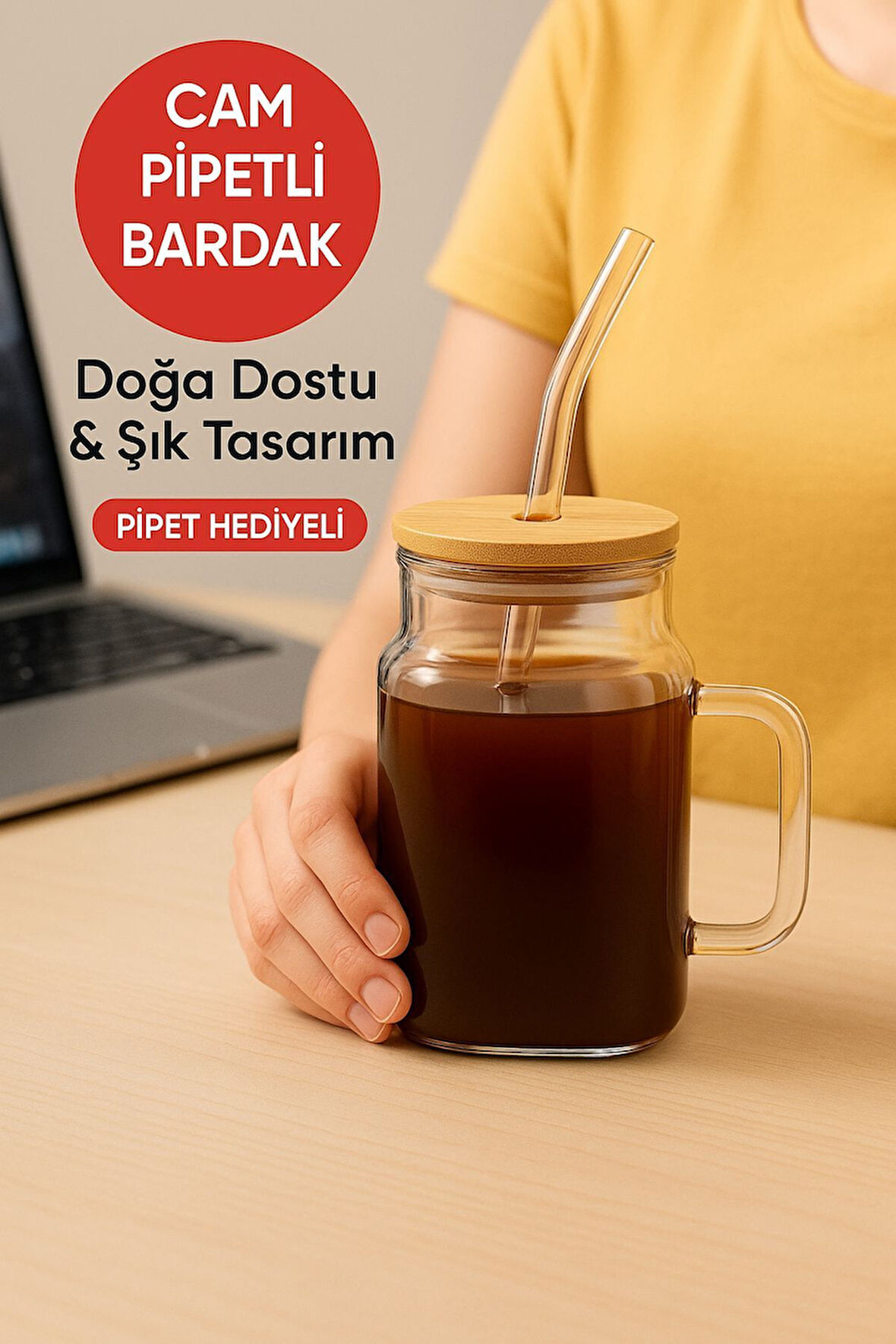 1 Adet GLASSMATE – Isıya Dayanıklı Bambu Kapaklı Bardak 650 ML