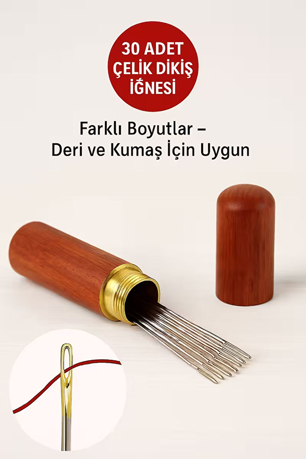 30 Adet Çelik Dikiş Iğne Seti - Ahşap Kutulu, Deri-kumaş El Sanatları Için Dikiş Iğneleri