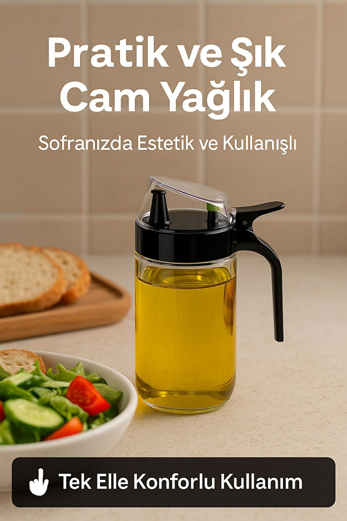 660 ml Şeffaf Cam Yağdanlık – Zeytinyağı, Sirke, Nar Ekşisi İçin İdeal Siyah