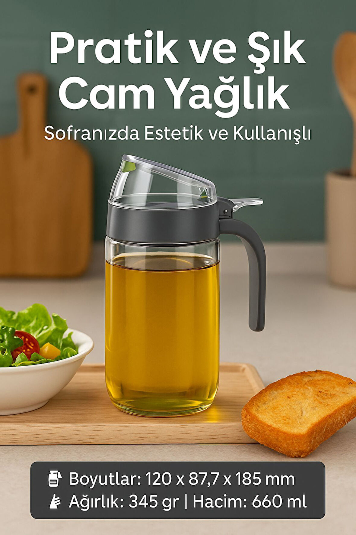 660 ml Şeffaf Cam Yağdanlık – Zeytinyağı, Sirke, Nar Ekşisi İçin İdeal Antrasit