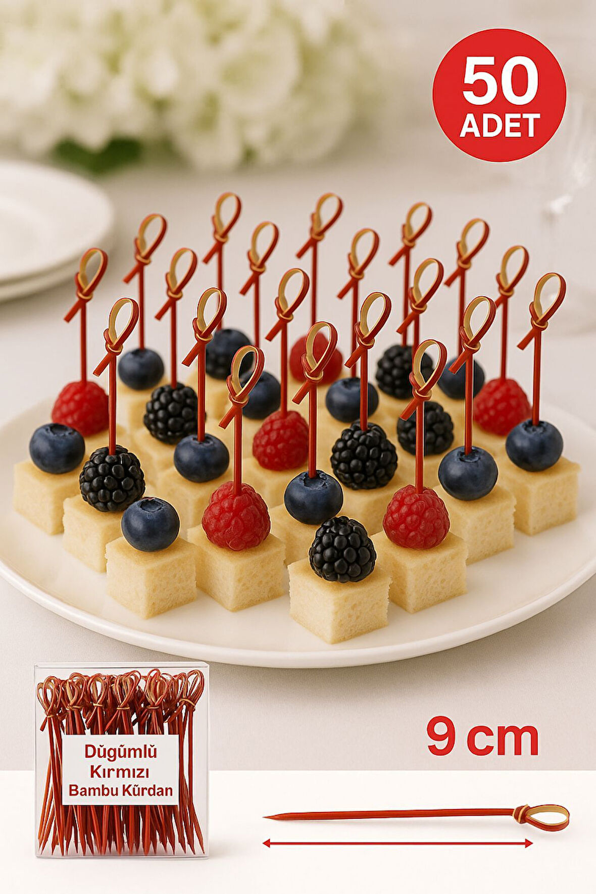 Düğümlü Kırmızı Bambu Kürdan – 9 cm, Şık Davet ve Kokteyl Sunum Çubuğu (50’li Paket)