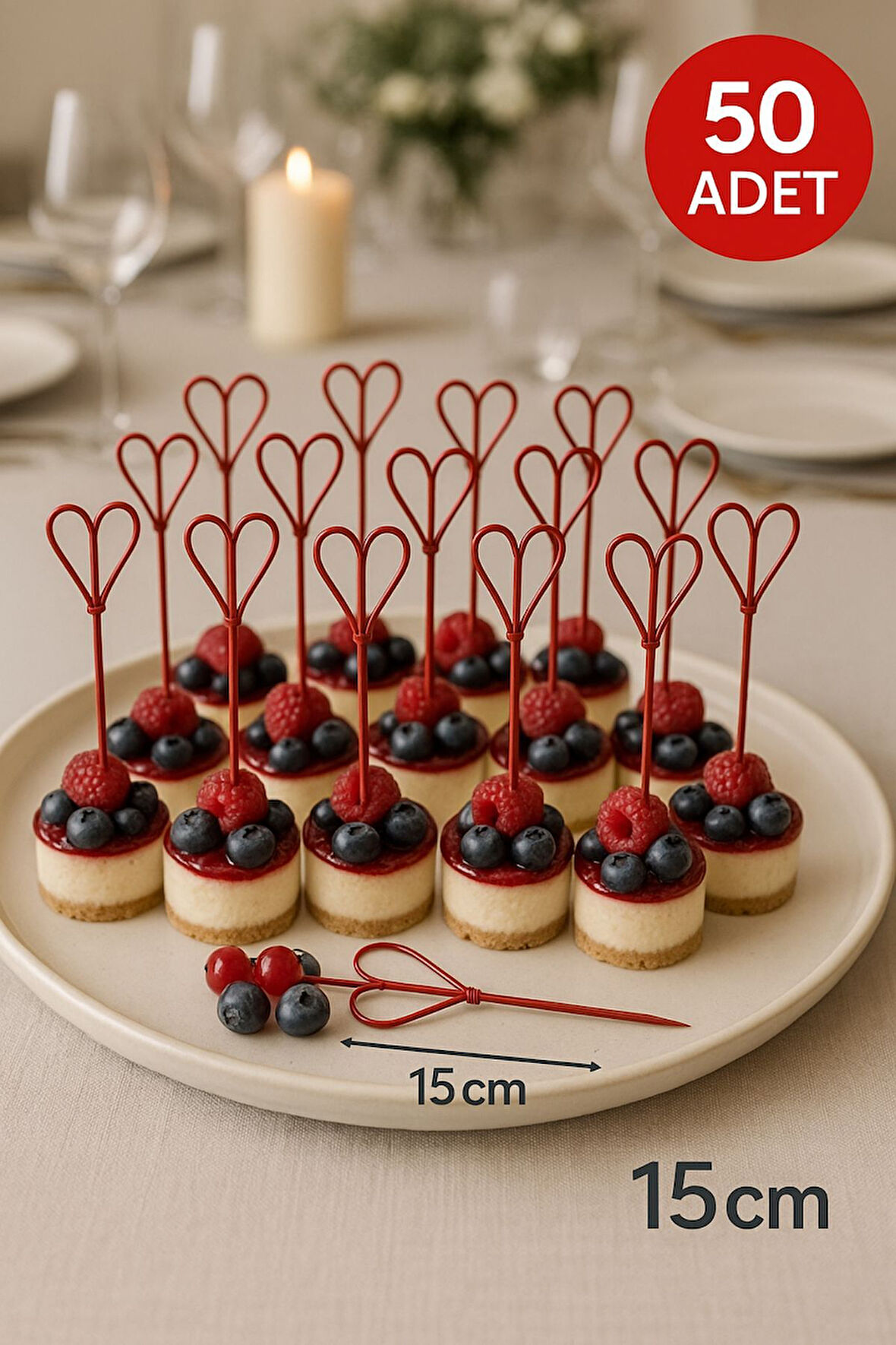 Doğal Bambu Kalpli Kürdan 15 cm – Kırmızı Renk, Sunum ve Davetler İçin 50’li Paket