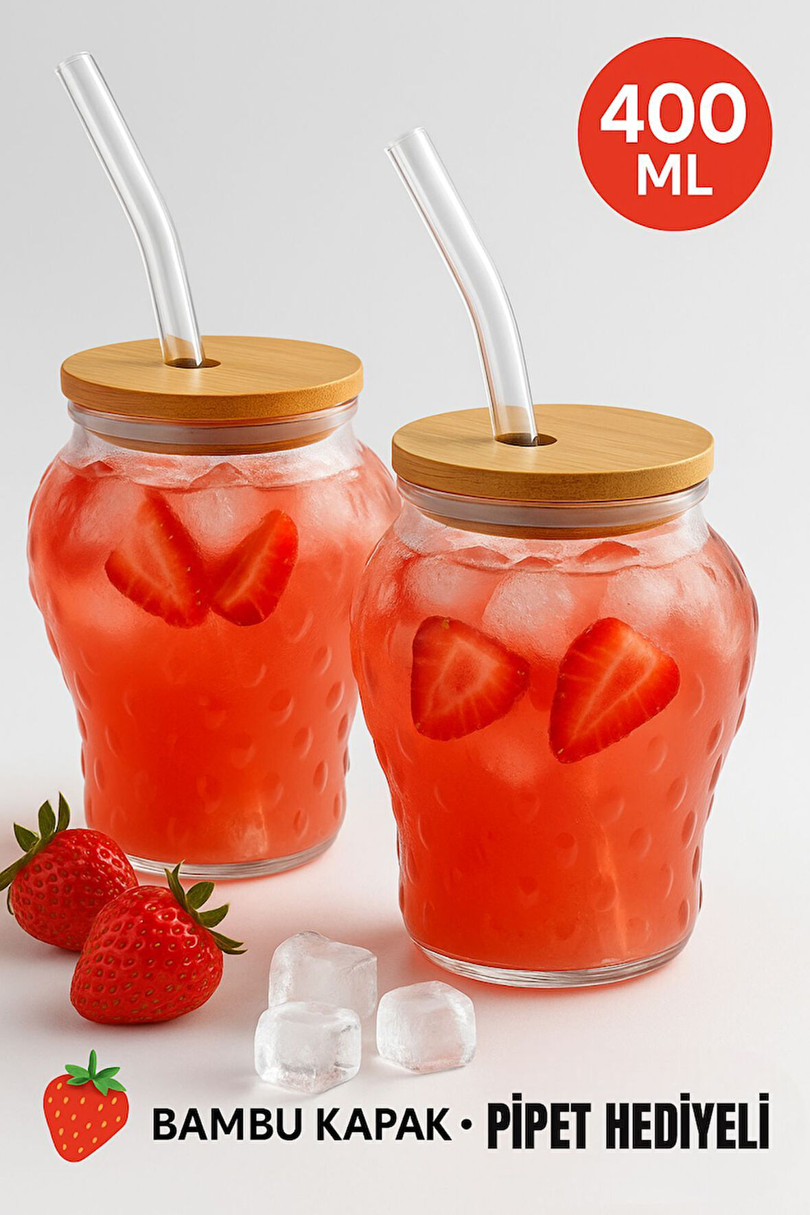 2 Adet Çilek Desenli 400 ml Borosilikat Cam Bardak – Bambu Kapaklı, Cam Pipet Hediyeli