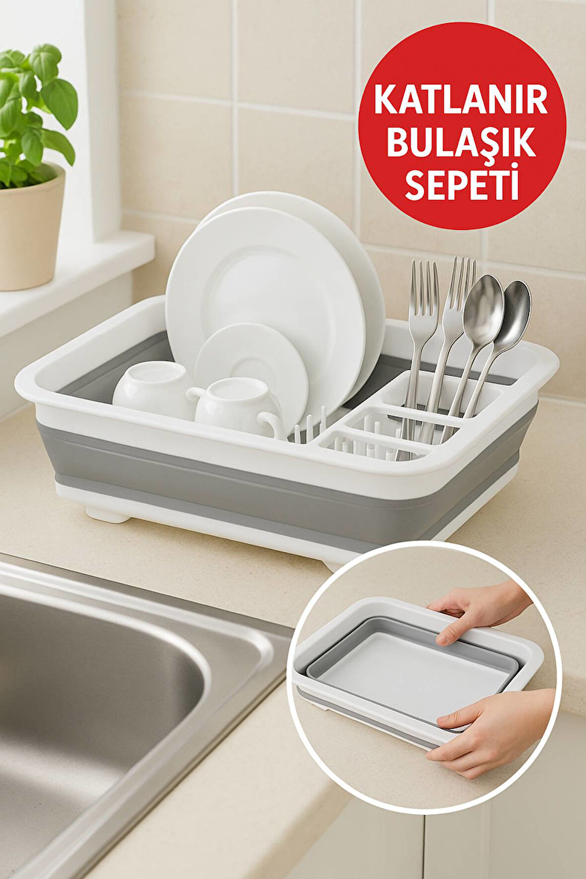 Katlanabilir Gri-Beyaz Bulaşıklık, Drenaj Delikli, Kaşıklıklı, Geniş Kapasiteli, Kamp ve Mutfak Kullanımı İçin Uygun
