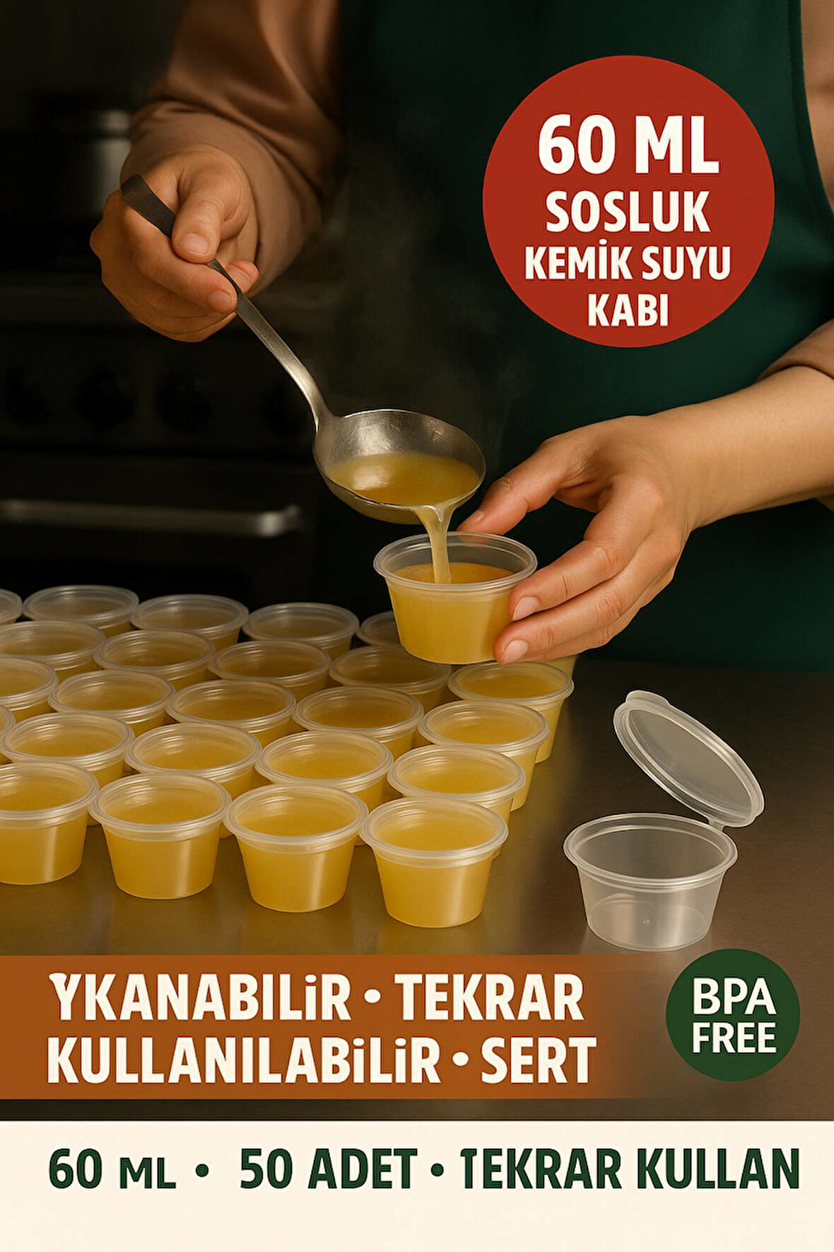 60 ml Kendinden Kapaklı Şeffaf Sosluk – Sızdırmaz, Sıcağa Dayanıklı, Tekrar Kullanılabilir 50’li Set