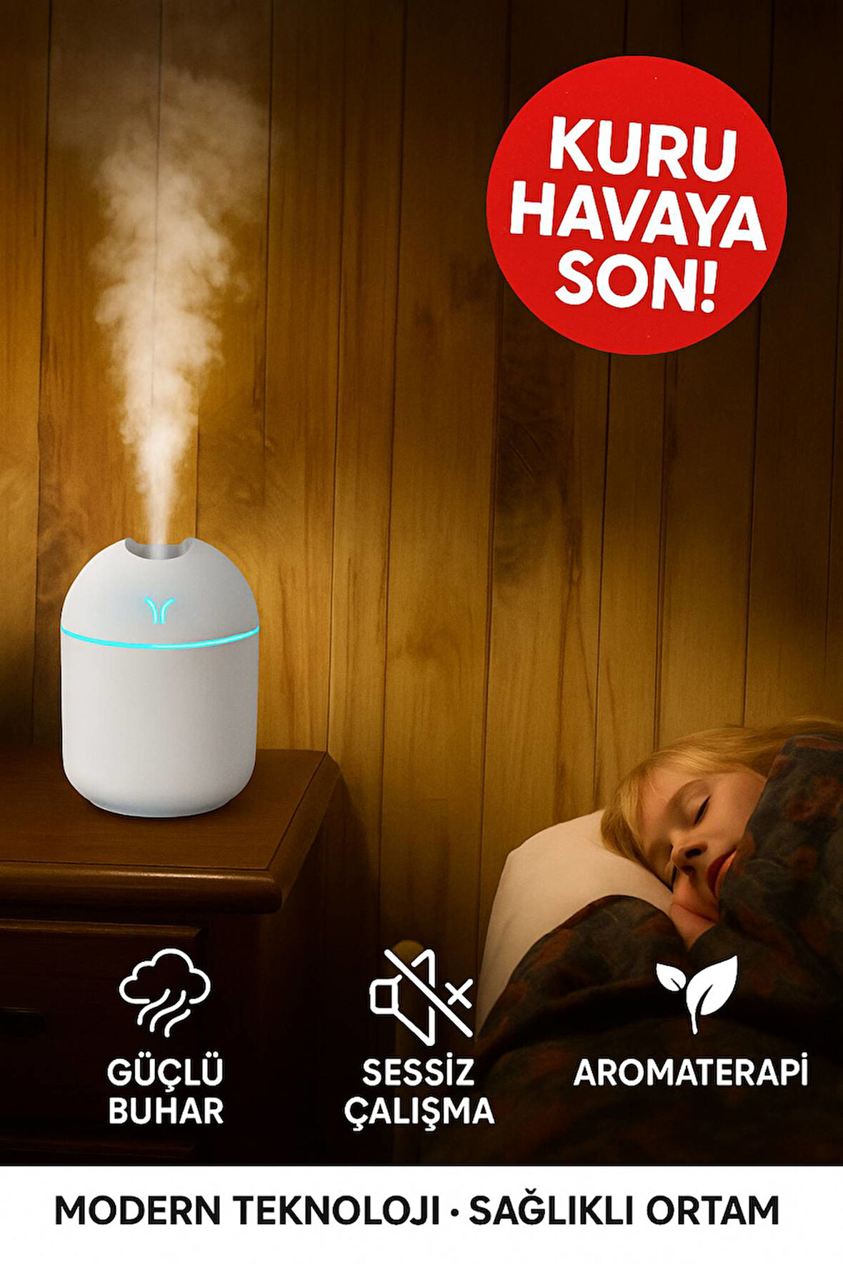 Işıklı Aromaterapi Hava Nemlendirici • Sessiz Çalışma • Güçlü Buhar • Modern Tasarım