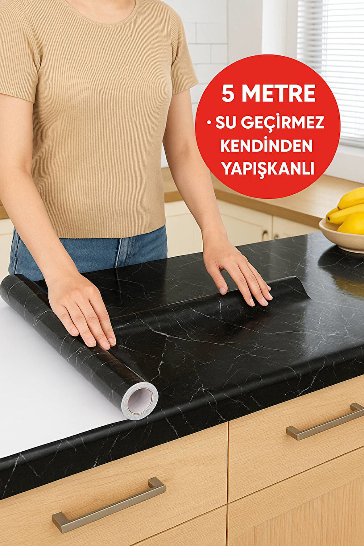 Siyah Mermer Desenli Kendinden Yapışkanlı Su Geçirmez Tezgah Kaplama Folyo – Parlak Yüzey 60x500 CM