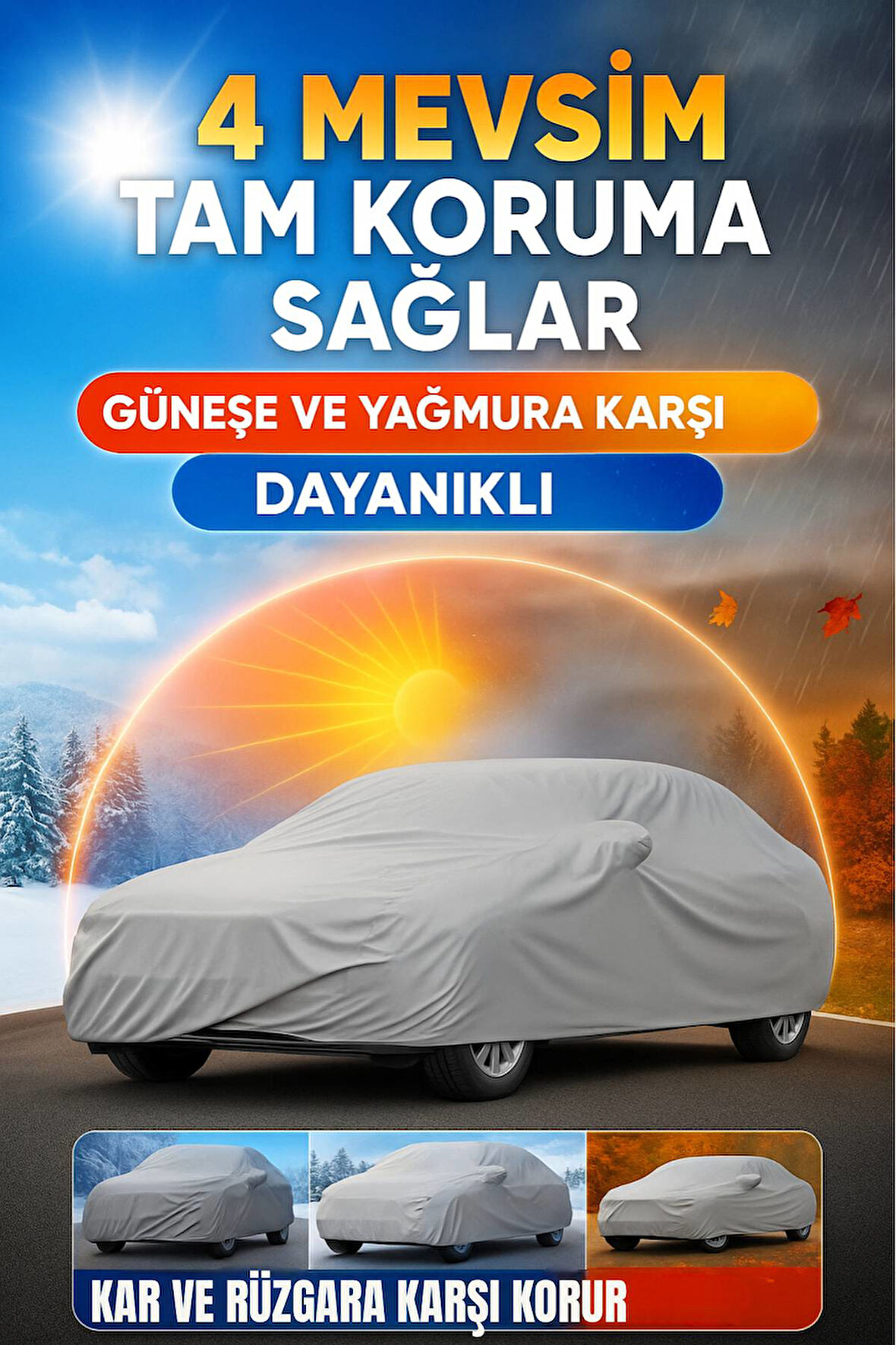 4 Mevsim Dayanıklı Su Geçirmez Lastikli PEVA Araç Örtüsü – UV, Kar, Yağmur ve Rüzgar Koruması