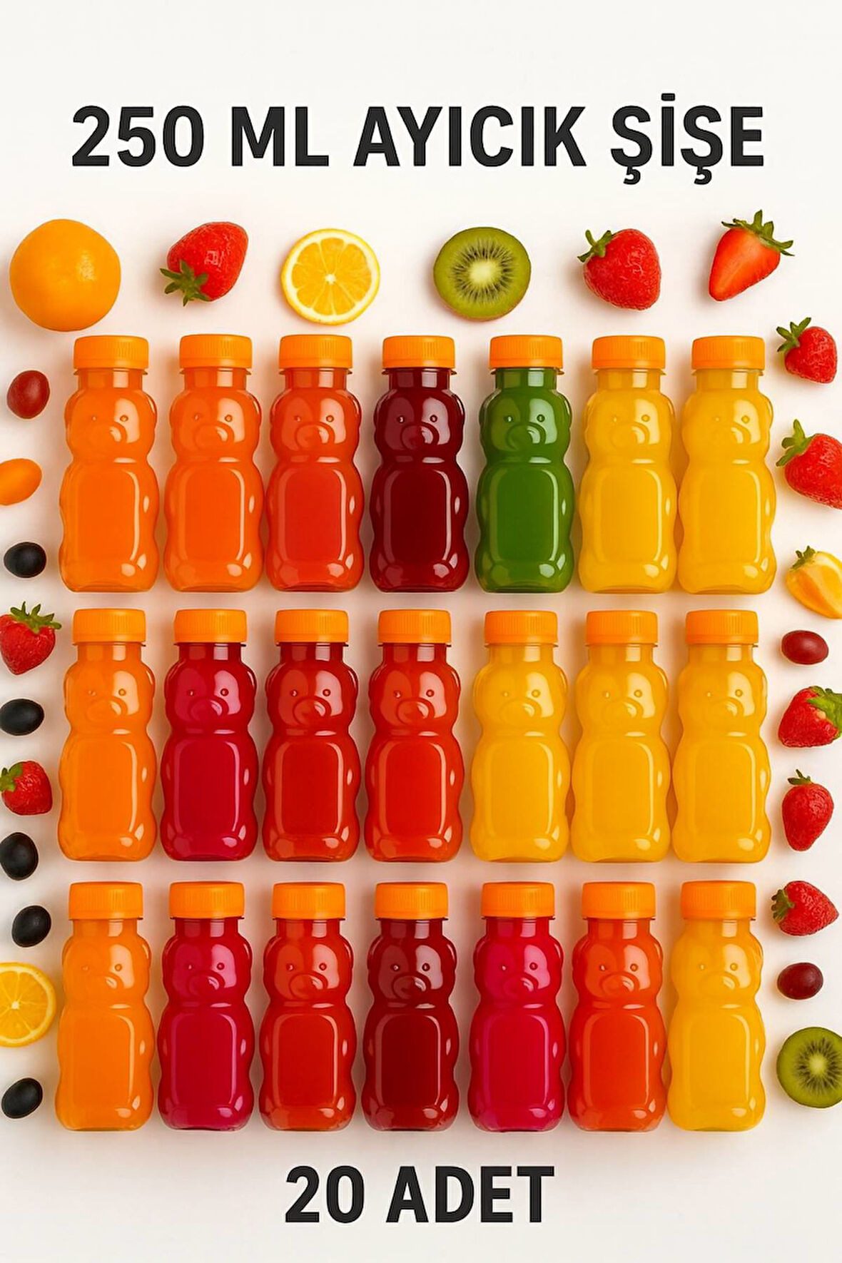 20 Adet Ayıcık Şişe – Turuncu Kapaklı, Okul ve Piknik İçin Eğlenceli Çocuk Meyve Suyu Şişesi 250 ml