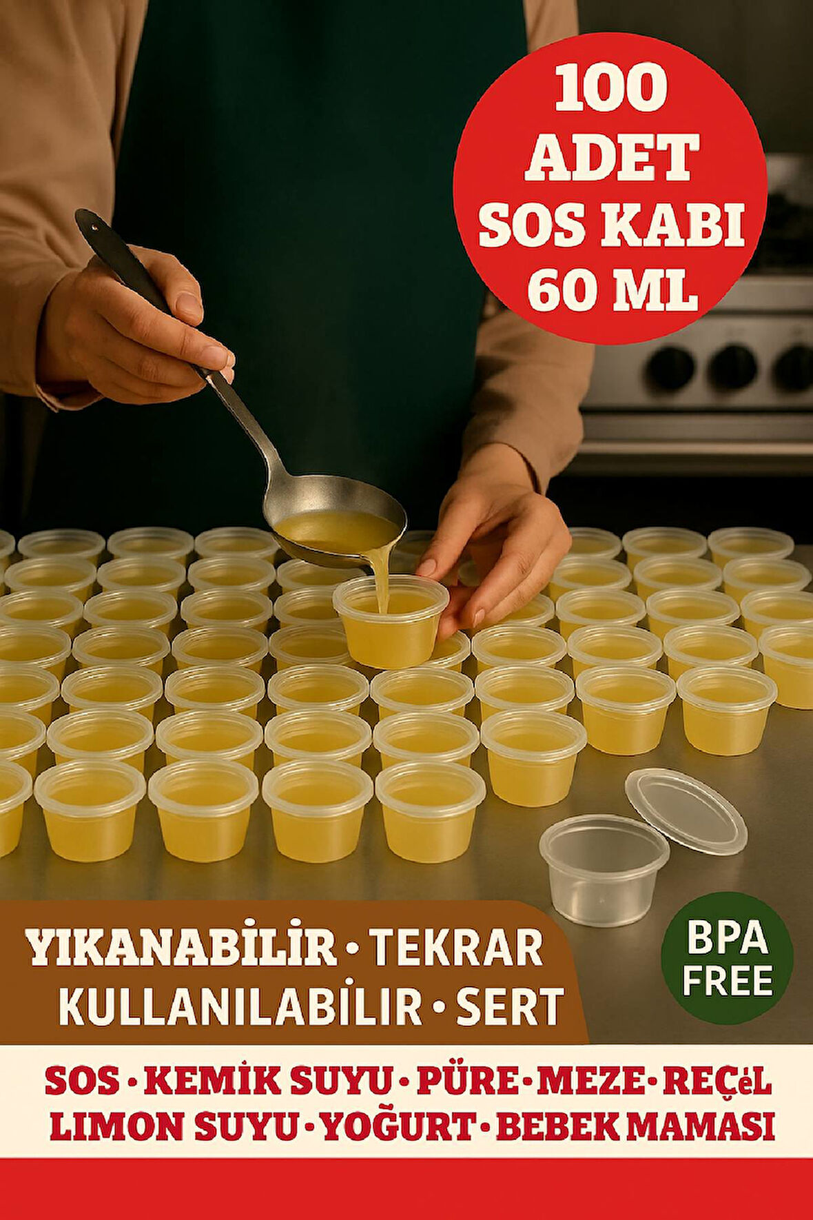 100’lü Set-60 ml Kendinden Kapaklı Şeffaf Sosluk – Sızdırmaz, Sıcağa Dayanıklı, Tekrar Kullanılabilir 