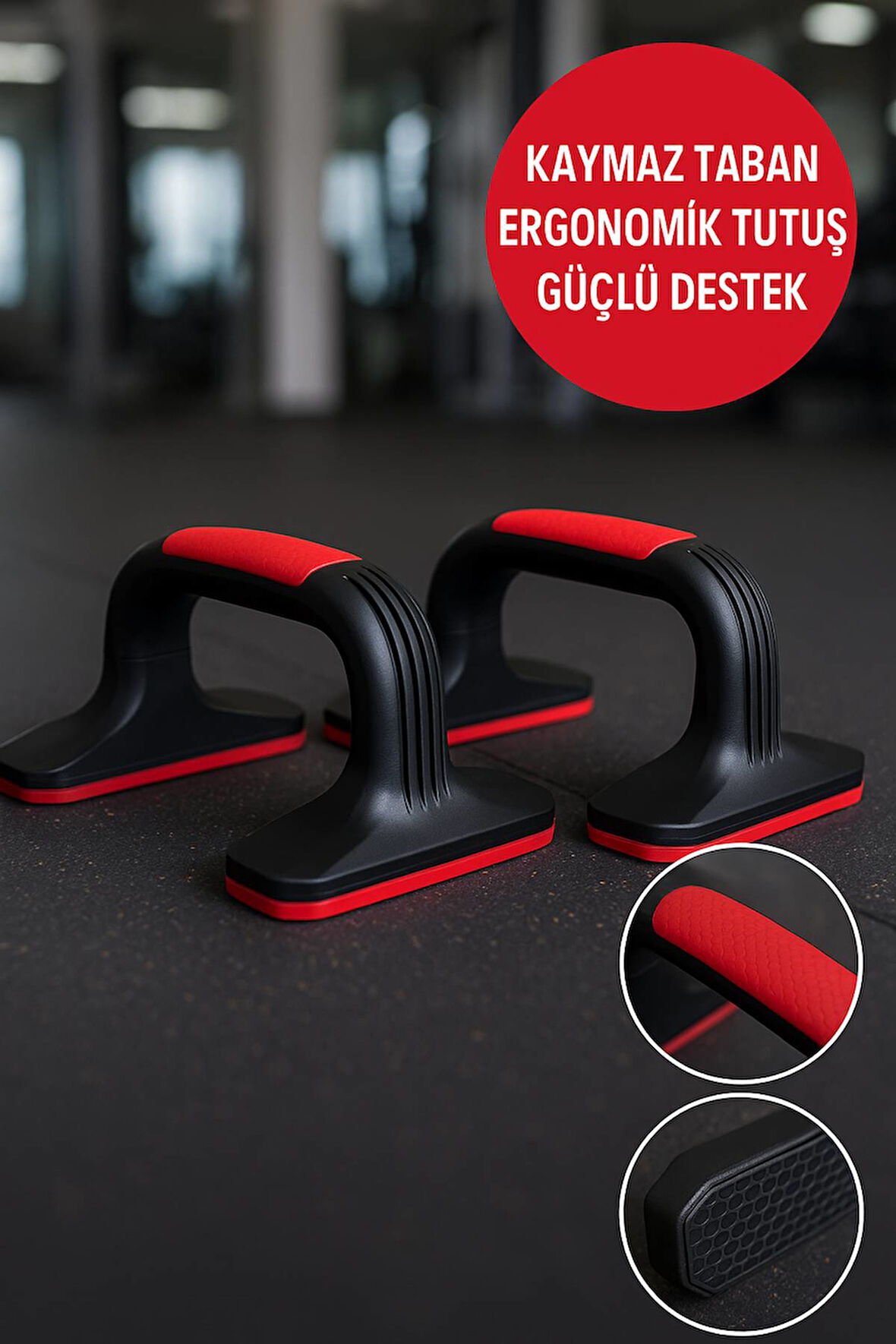 Kaymaz Tabanlı Push-Up Standı – Ev ve Salon Kullanımına Uygun Güçlü Destek Aparatı Kırmızı