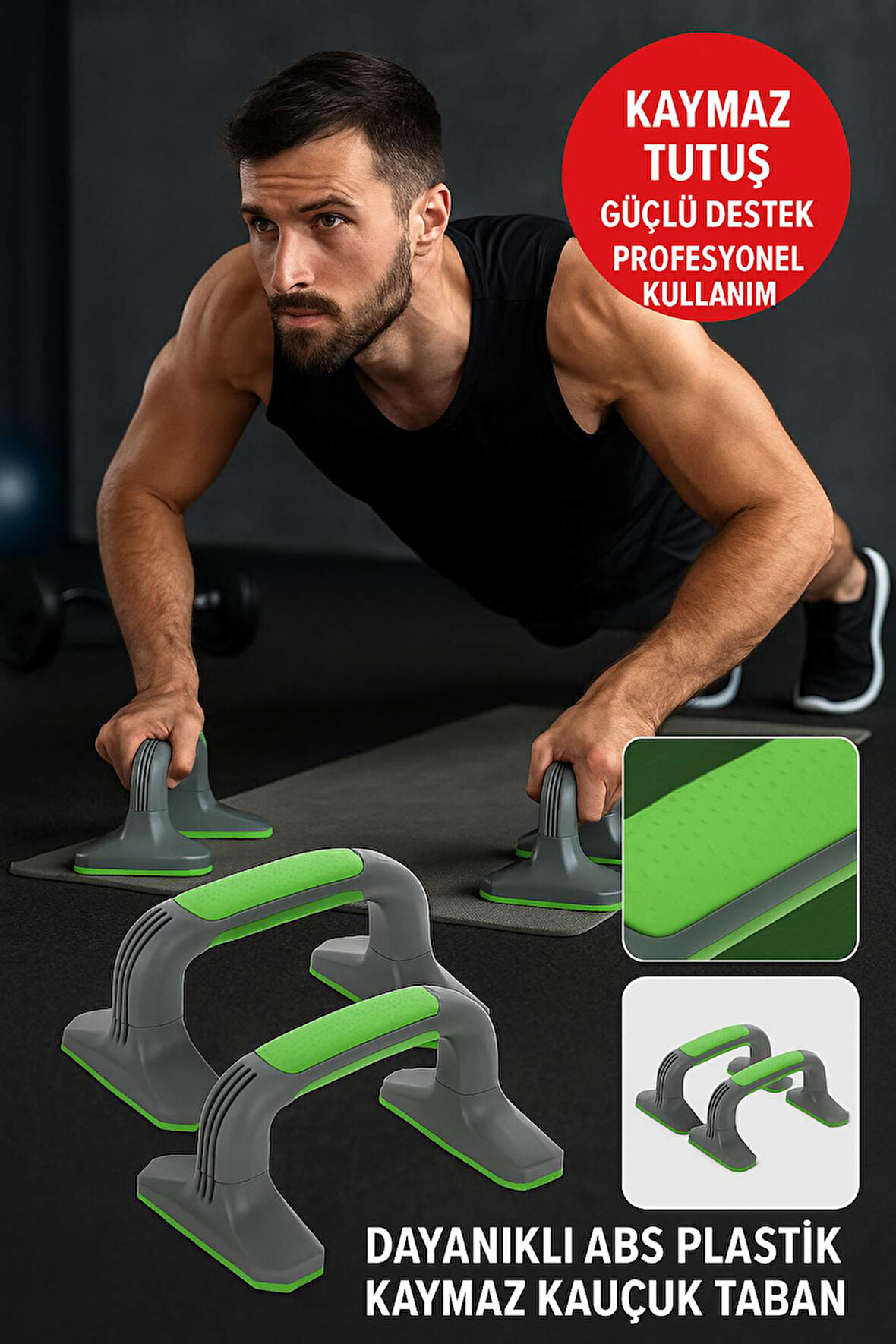 Kaymaz Tabanlı Push-Up Standı – Ev ve Salon Kullanımına Uygun Güçlü Destek Aparatı Yeşil