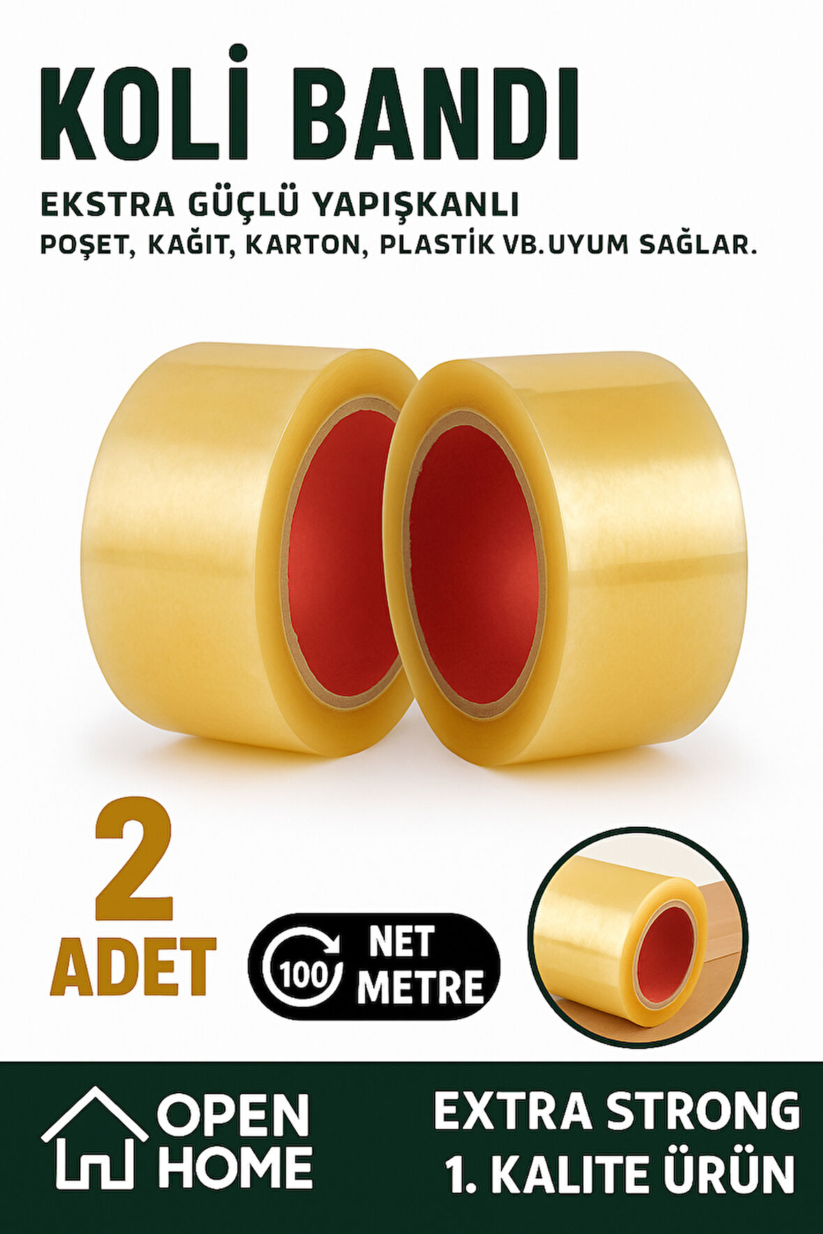 2 Adet - 100 Metre Şeffaf Koli Bandı – Extra Strong 40 Micron Kalınlık, Güçlü Yapışkan