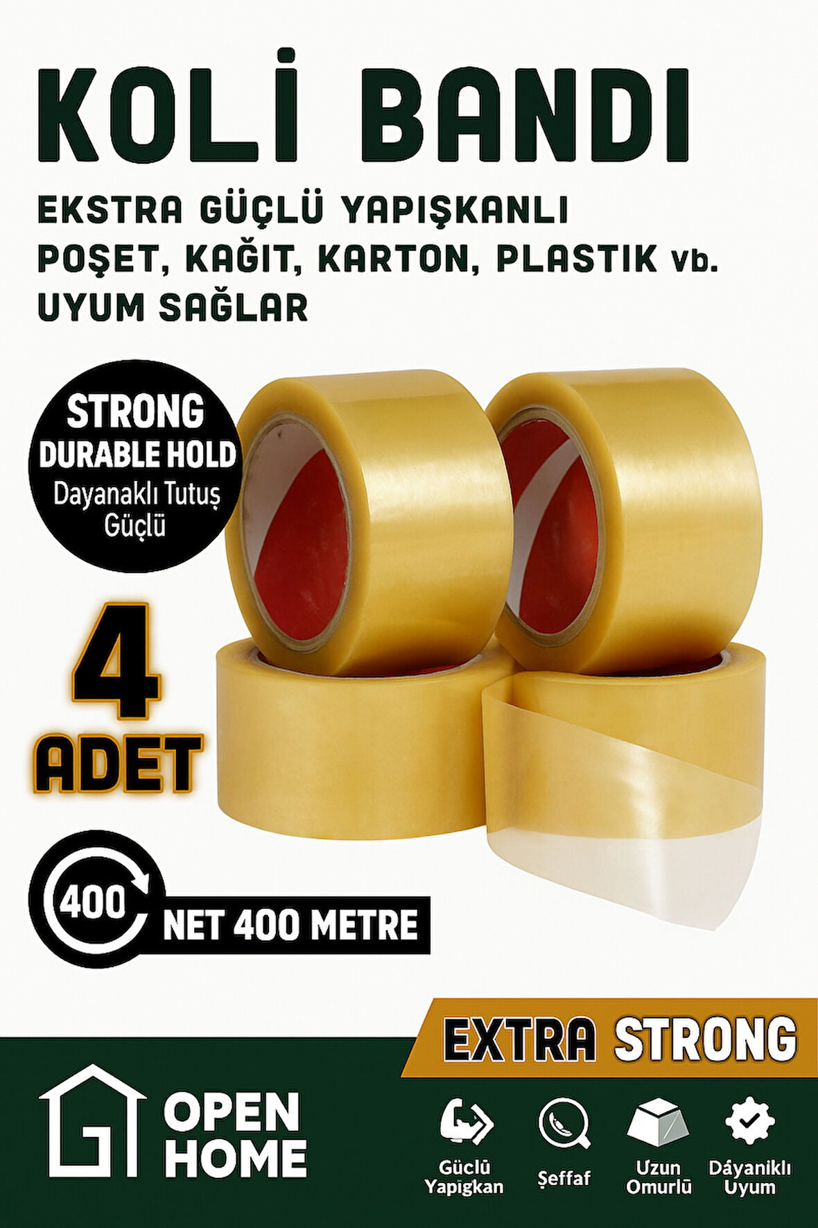4 Adet - 100 Metre Şeffaf Koli Bandı – Extra Strong 40 Micron Kalınlık, Güçlü Yapışkan