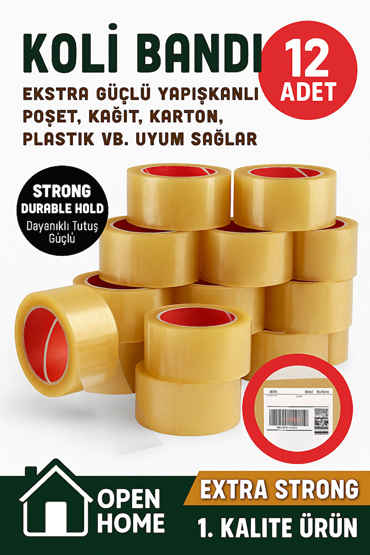 12 Adet-100 Metre Şeffaf Koli Bandı – Extra Strong 40 Micron Kalınlık, Güçlü Yapışkan