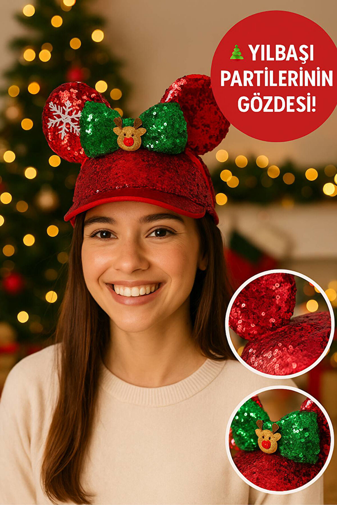 Kırmızı Payetli Yılbaşı Şapkası – Yeşil Fiyonklu, Geyik Figürlü, Her Yaşa Uygun Parti Aksesuarı
