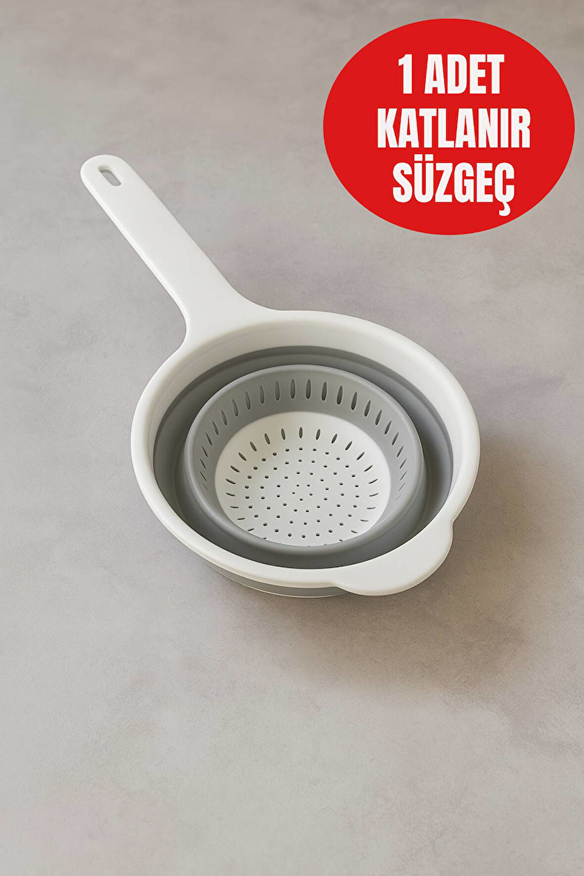 Saplı Katlanabilir Süzgeç – Gri & Beyaz Renk • BPA Free • Kolay Temizlik • Dayanıklı Silikon