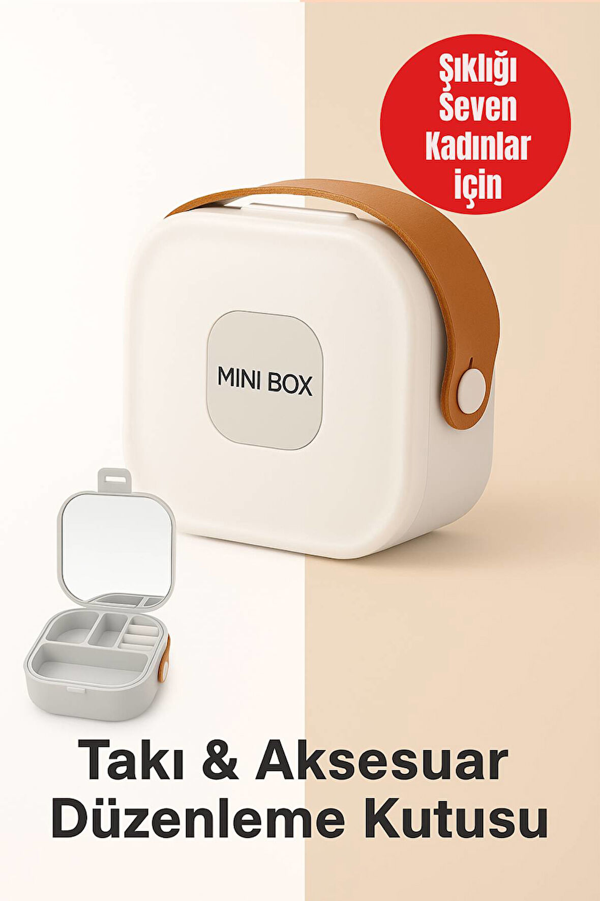 Mini Takı Kutusu Ayna ve 4 Bölmeli Seyahat Düzenleyici – Kolye, Küpe, Yüzük Saklama Kutusu Beyaz