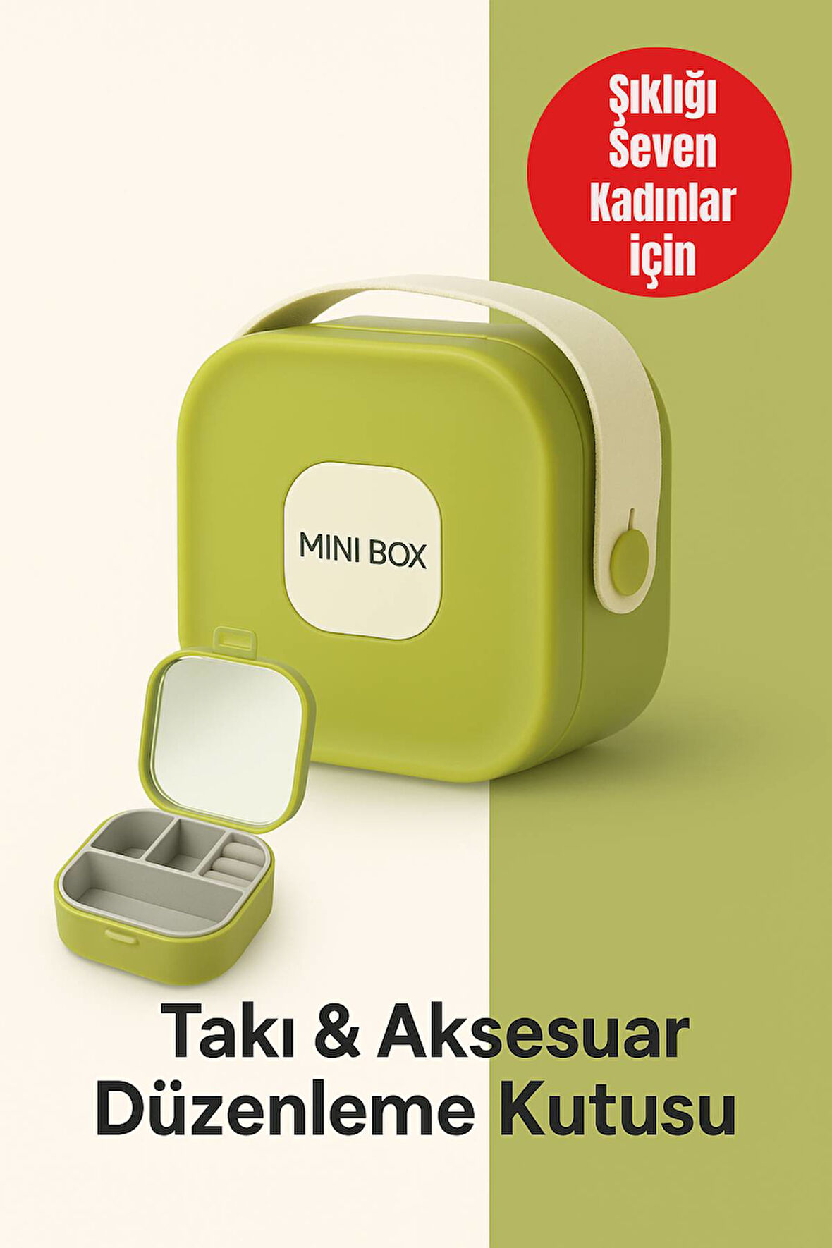 Mini Takı Kutusu Ayna ve 4 Bölmeli Seyahat Düzenleyici – Kolye, Küpe, Yüzük Saklama Kutusu Yeşil
