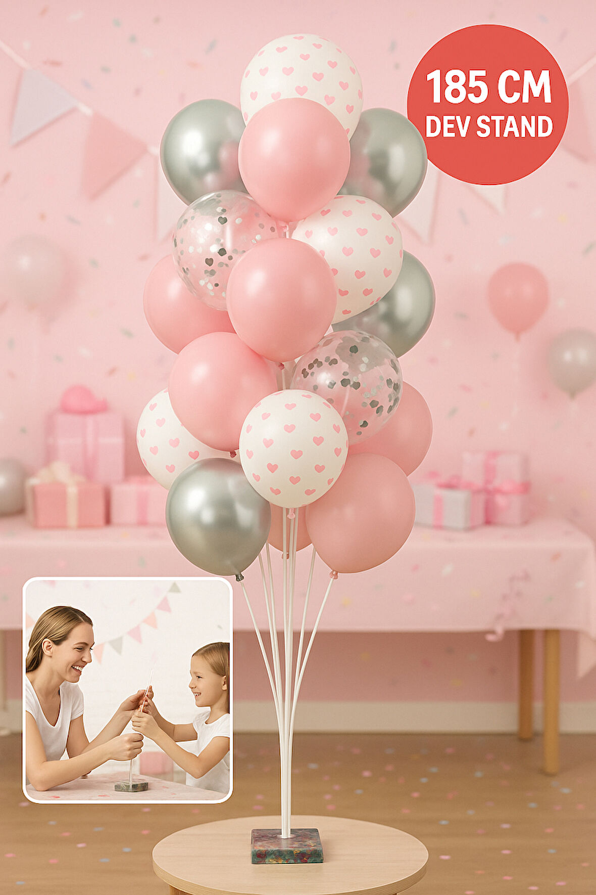 185 CM Pembe Gri Balon Standı Seti – Doğum Günü Parti Süsleri | Kalpli Konfeti Balon Dekoru