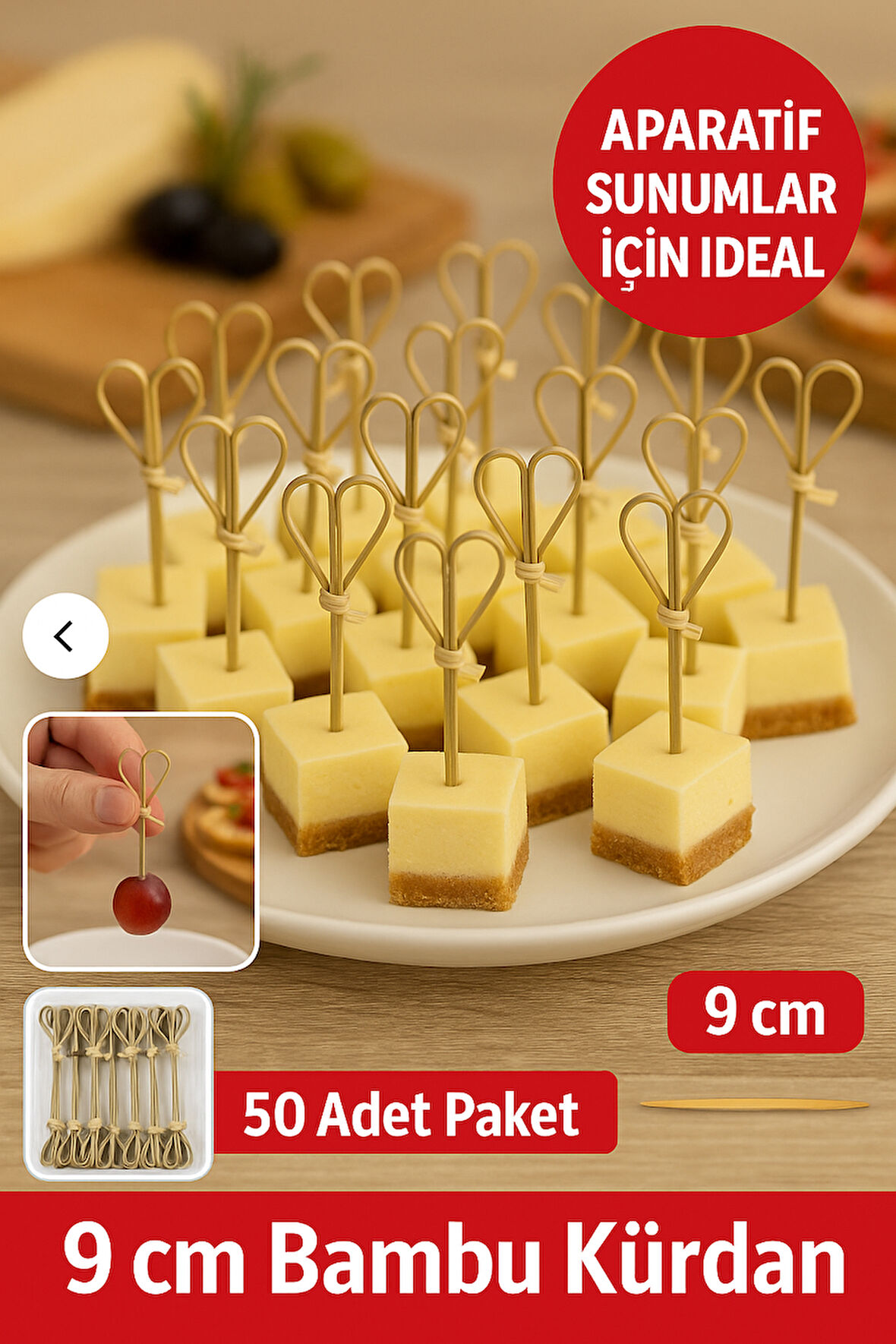 50’li Kahve Kalpli 9 cm Doğal Bambu Kürdan  • Kanepe Kokteyl Sunum Servis Kürdanı Parti Kürdanı