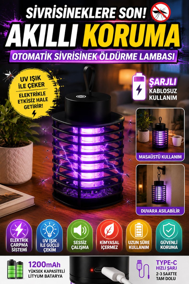 Şarjlı UV Sivrisinek Öldürücü Lamba Type-C Elektrikli Sinek Kapanı Masaüstü Duvara Asılabilir 