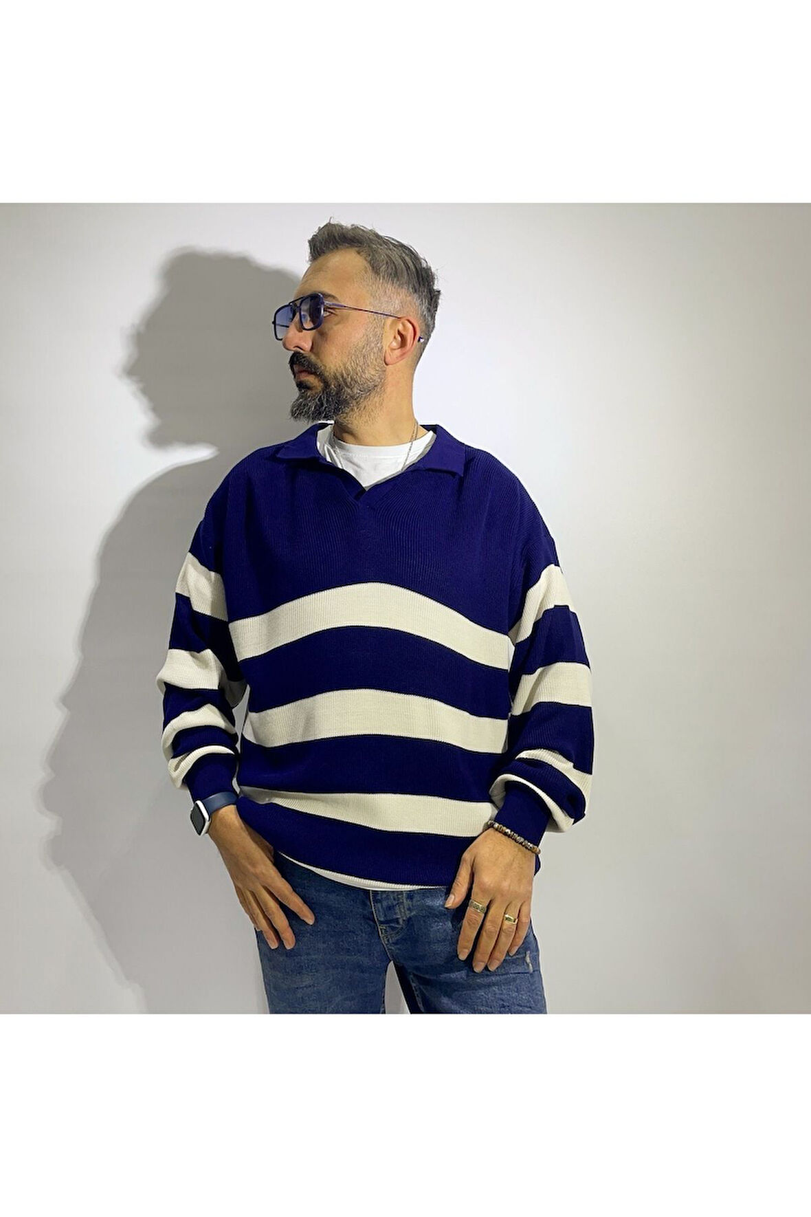 Oversize Erkek Polo Yaka Çizgili Kazak