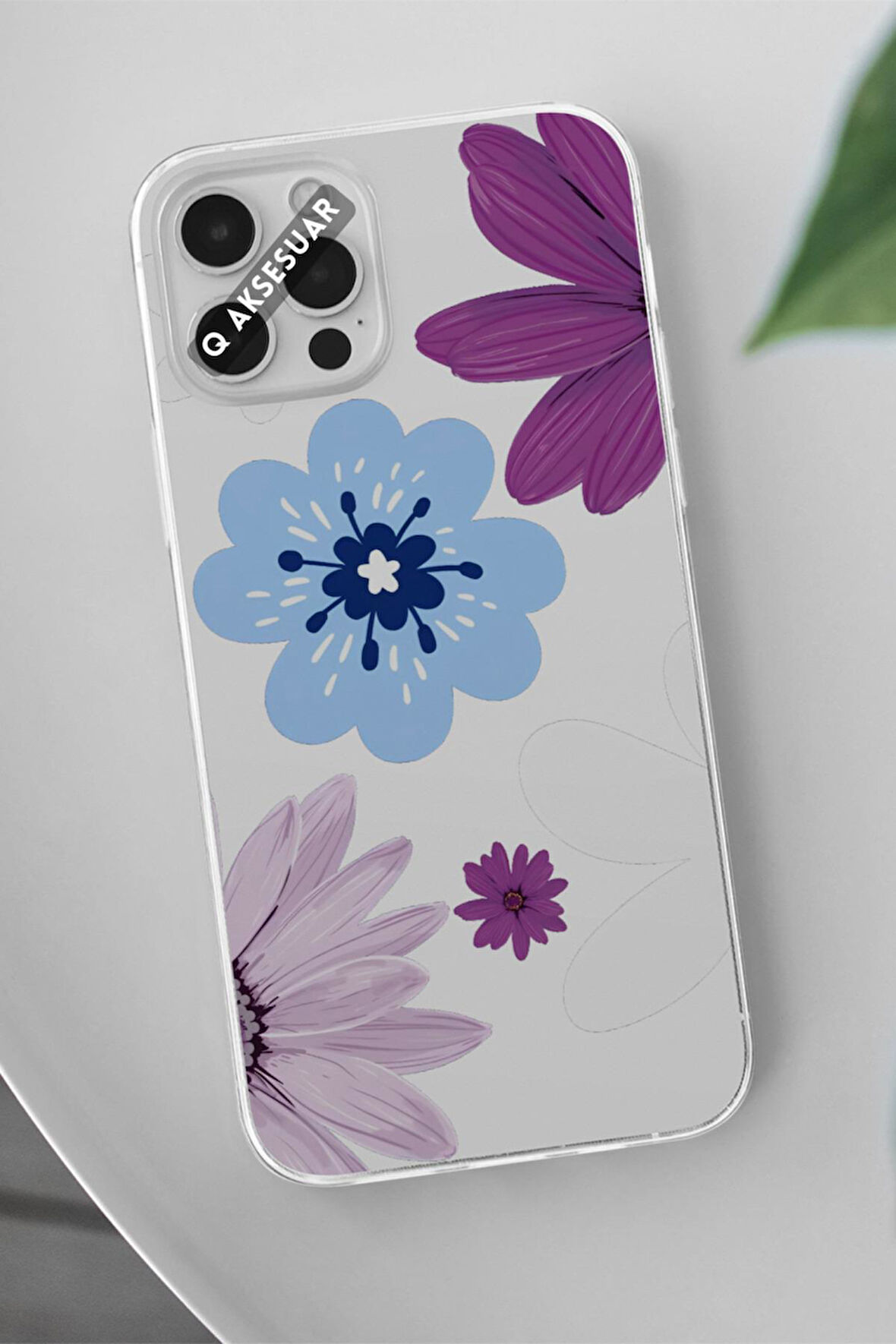 Oppo A31 Uyumlu Mavi Çiçek Tasarımlı Şeffaf Telefon Kılıfı