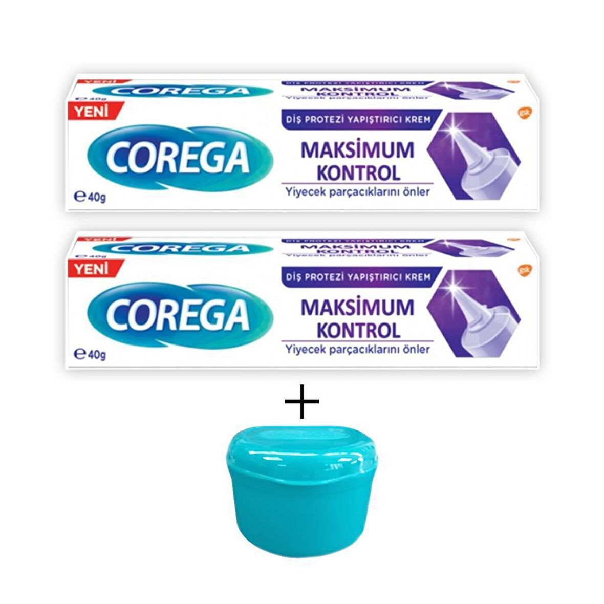 Corega Maximum Kontrol Diş Protezi Yapıştırıcı Krem 40 gr x 2 Adet + Protez Kabı