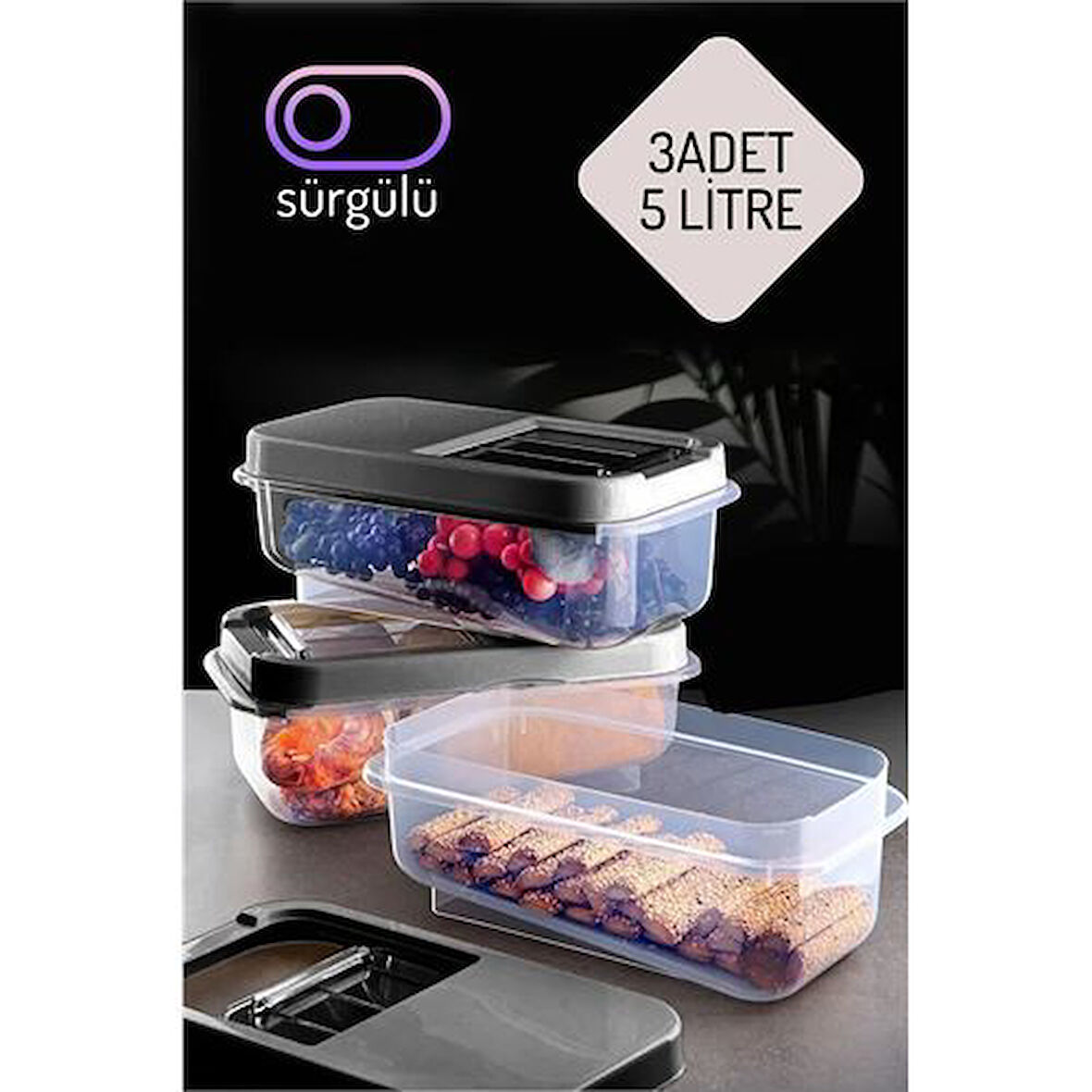 Erzak Bakliyat Saklama Kabı 3'lü Set 5 Lt Antrasit