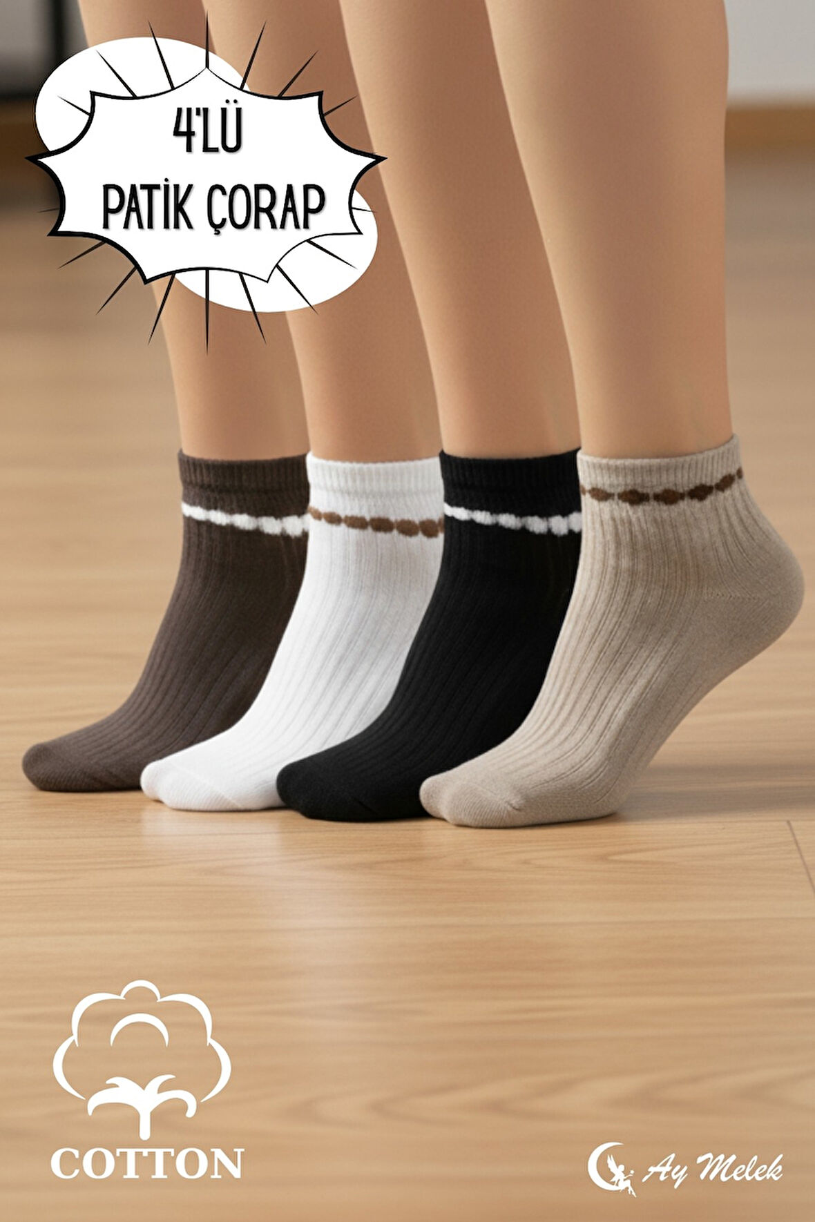 Kadın Çorap Doğal Pamuklu (4 Çift) Fitilli Yetişkin Kısa Çorap