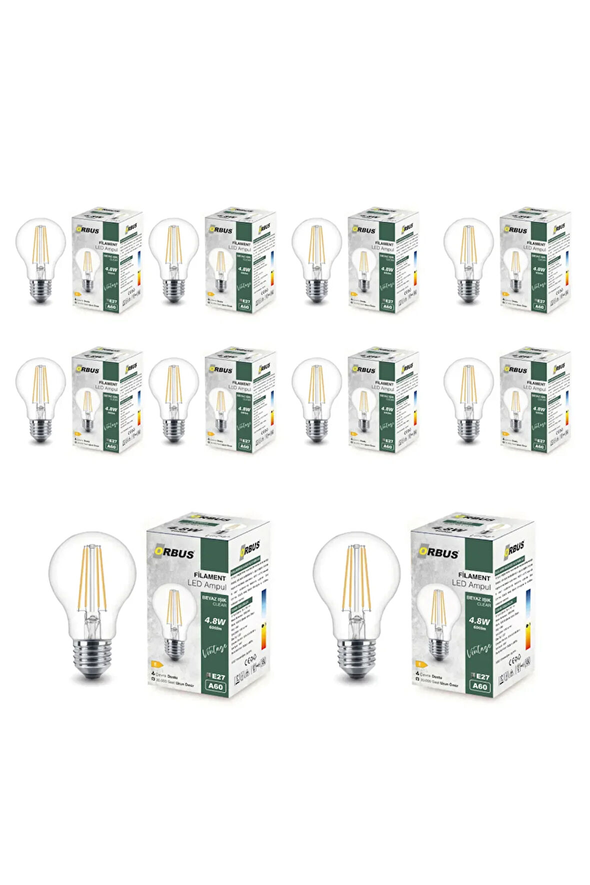 B60 4.8W E27 LED Ampul Clear Beyaz Işık 600lm  10LU