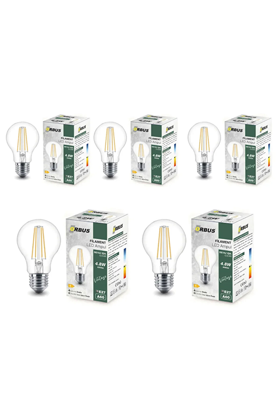 B60 4.8W E27 LED Ampul Clear Beyaz Işık 600lm  5Lİ