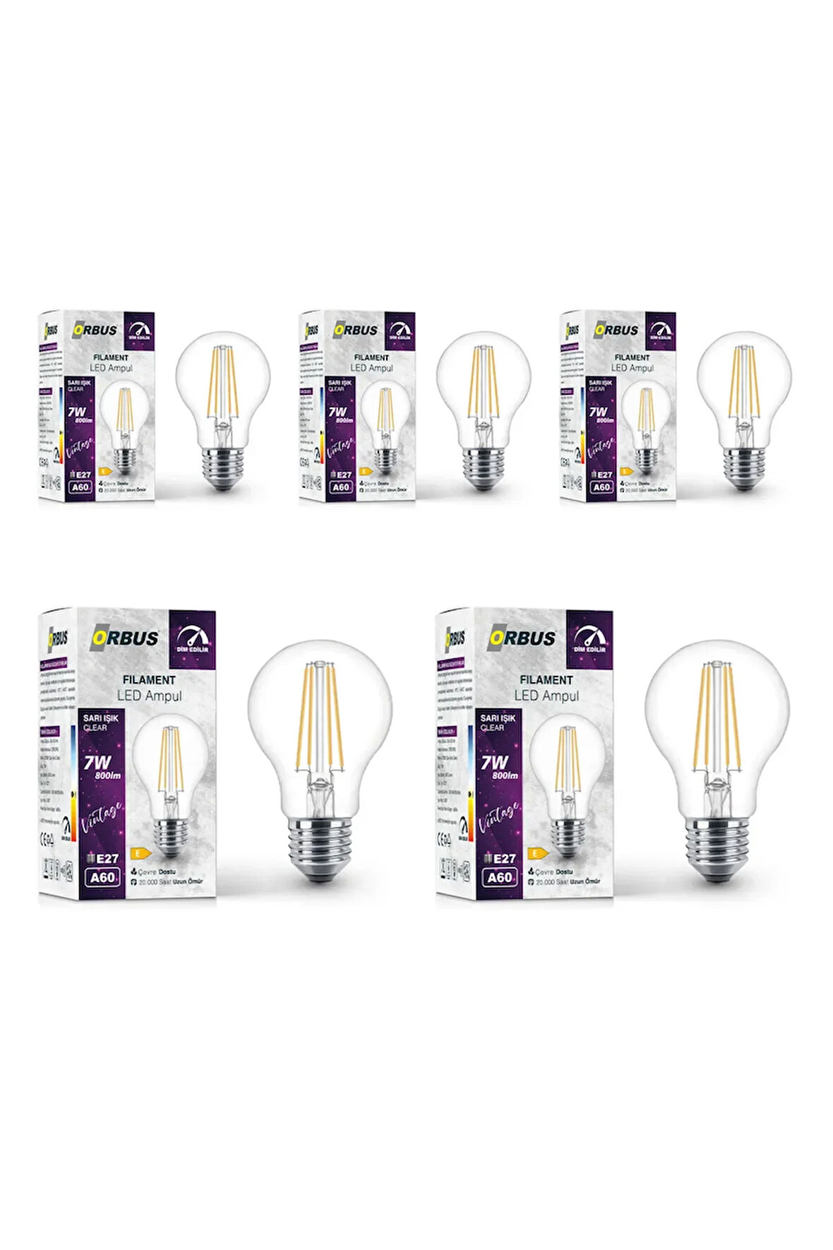 7W E27 Filament LED Ampul - Dim Edilebilir – DF60  5Lİ