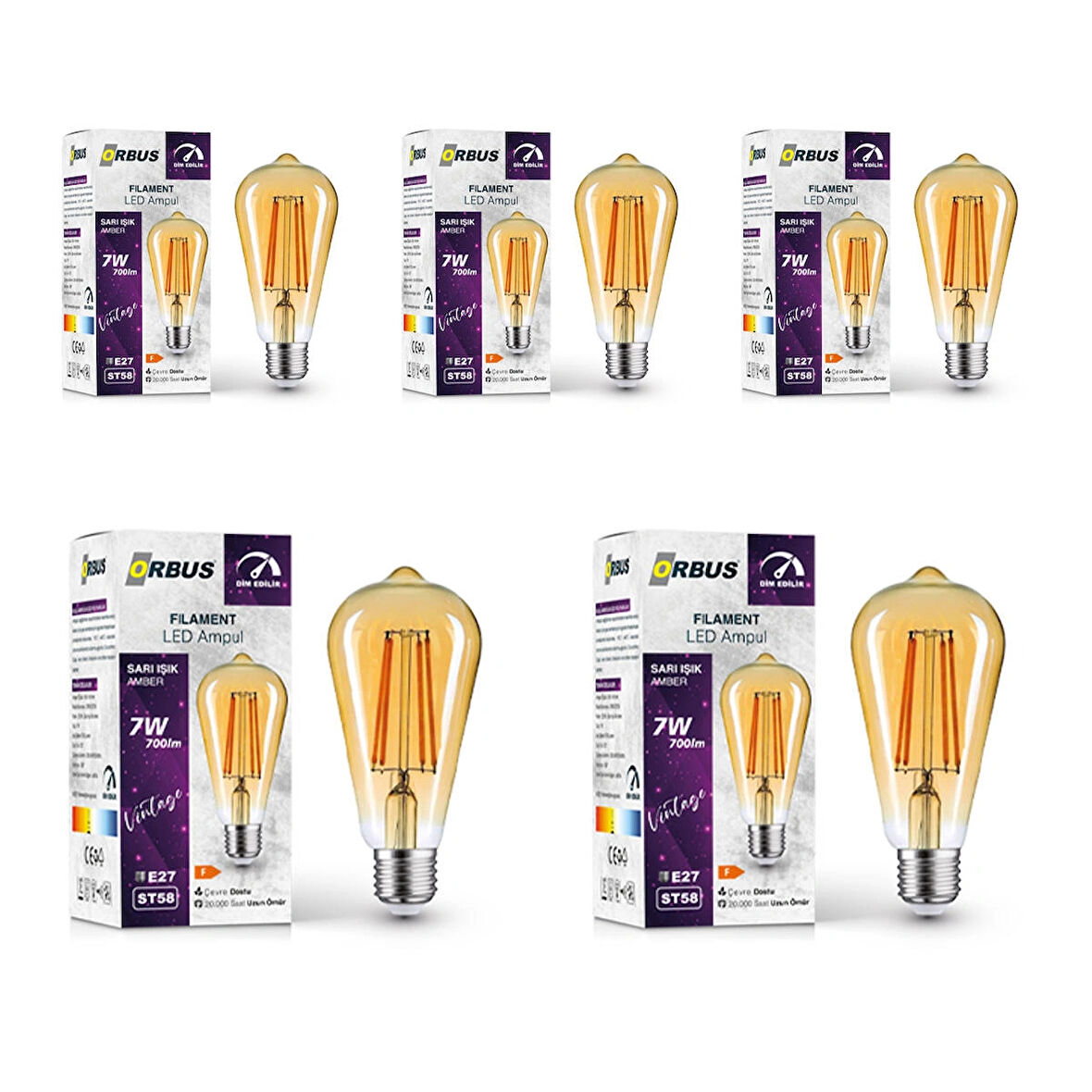7W E27 Filament LED Ampul - Dim Edilebilir - DST58 5Lİ