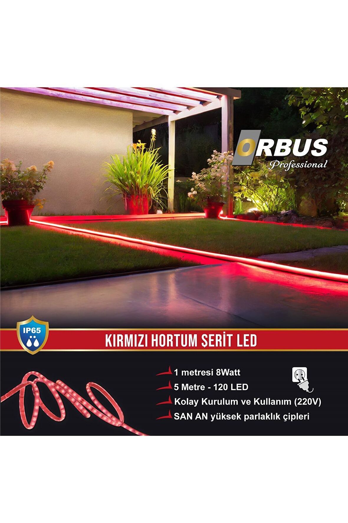 Kırmızı Hortum Şerit Led 8W 800 Lümen + 220 Volt Fiş - 5 Metre