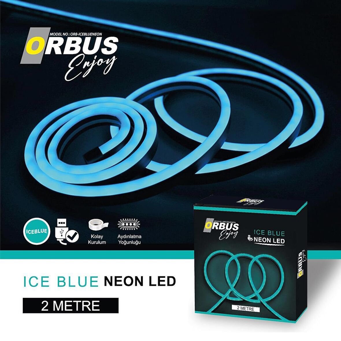 ORBUS Neon Şerit Led ICEBLUE 2 Metre USB'li