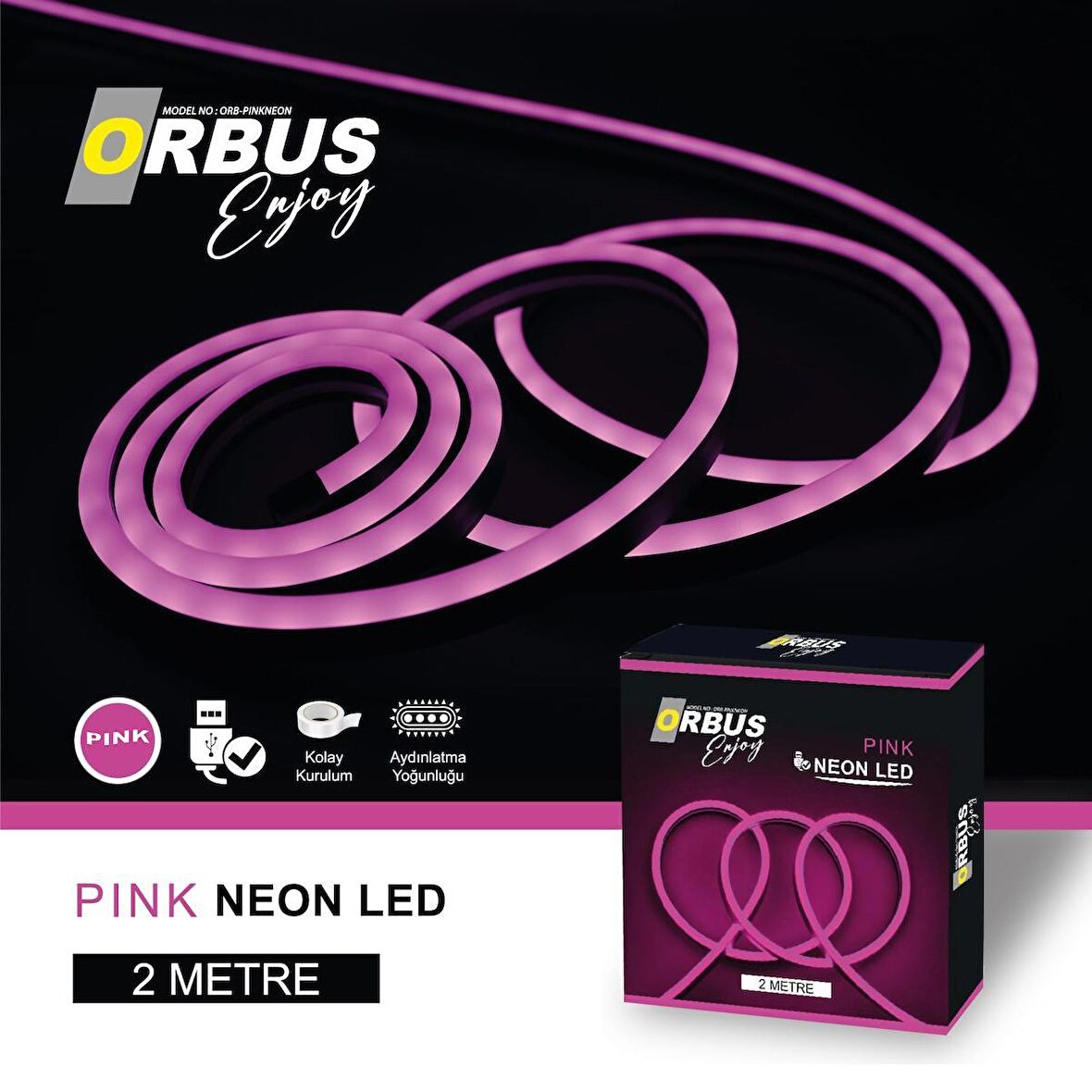 ORBUS Neon Şerit Led PINK 2 Metre USB'li