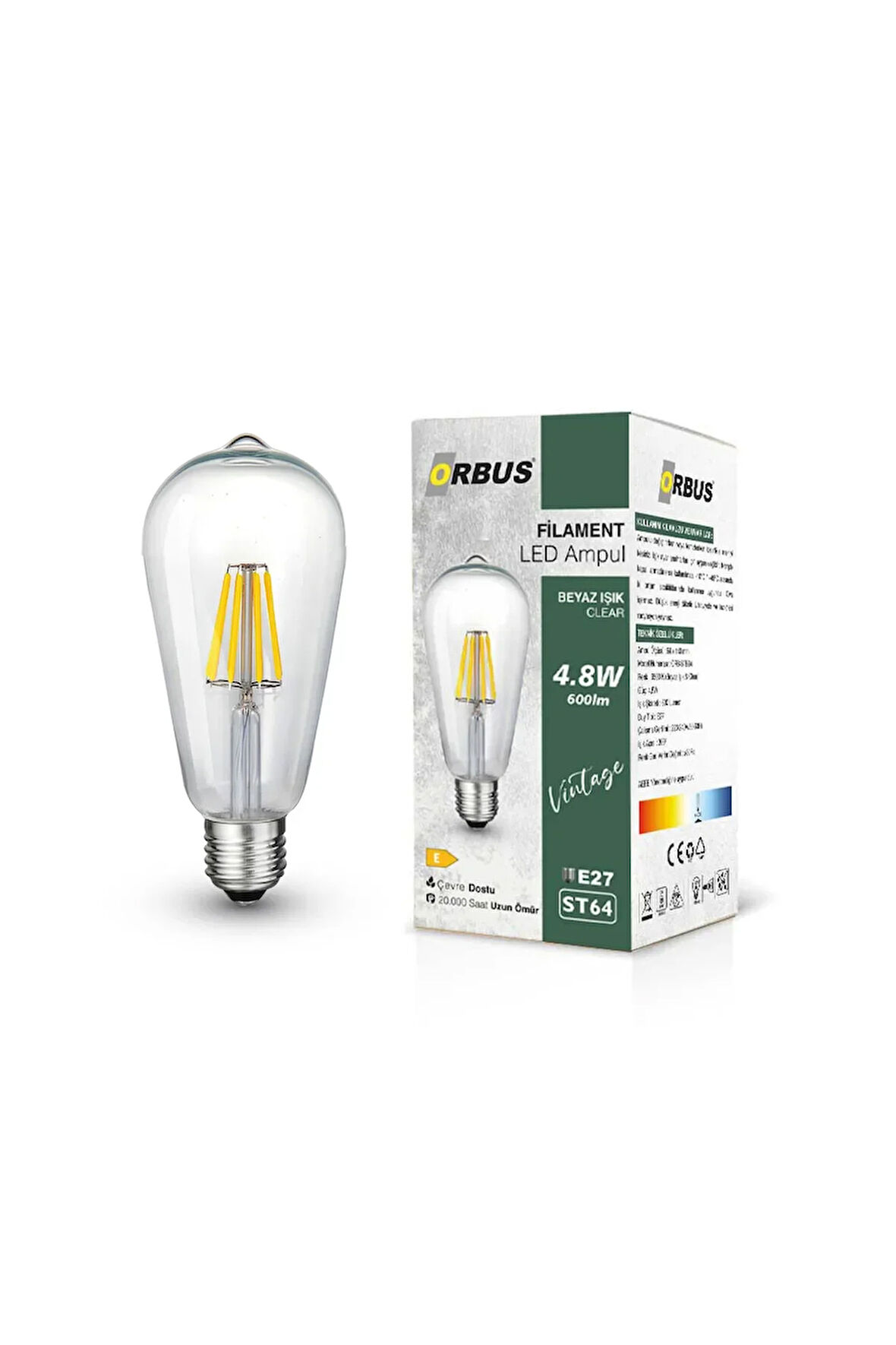 STB64 4.8W E27 LED Ampul Clear Beyaz Işık 600lm  5Lİ