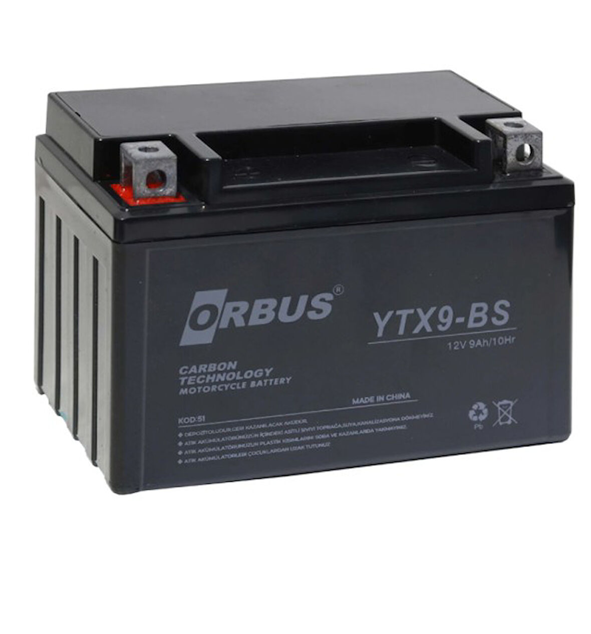 ORBUS 12V 9Ah ALÇAK (YATIK) MOTOSİKLET AKÜSÜ EBATLAR: 150x85x107mm