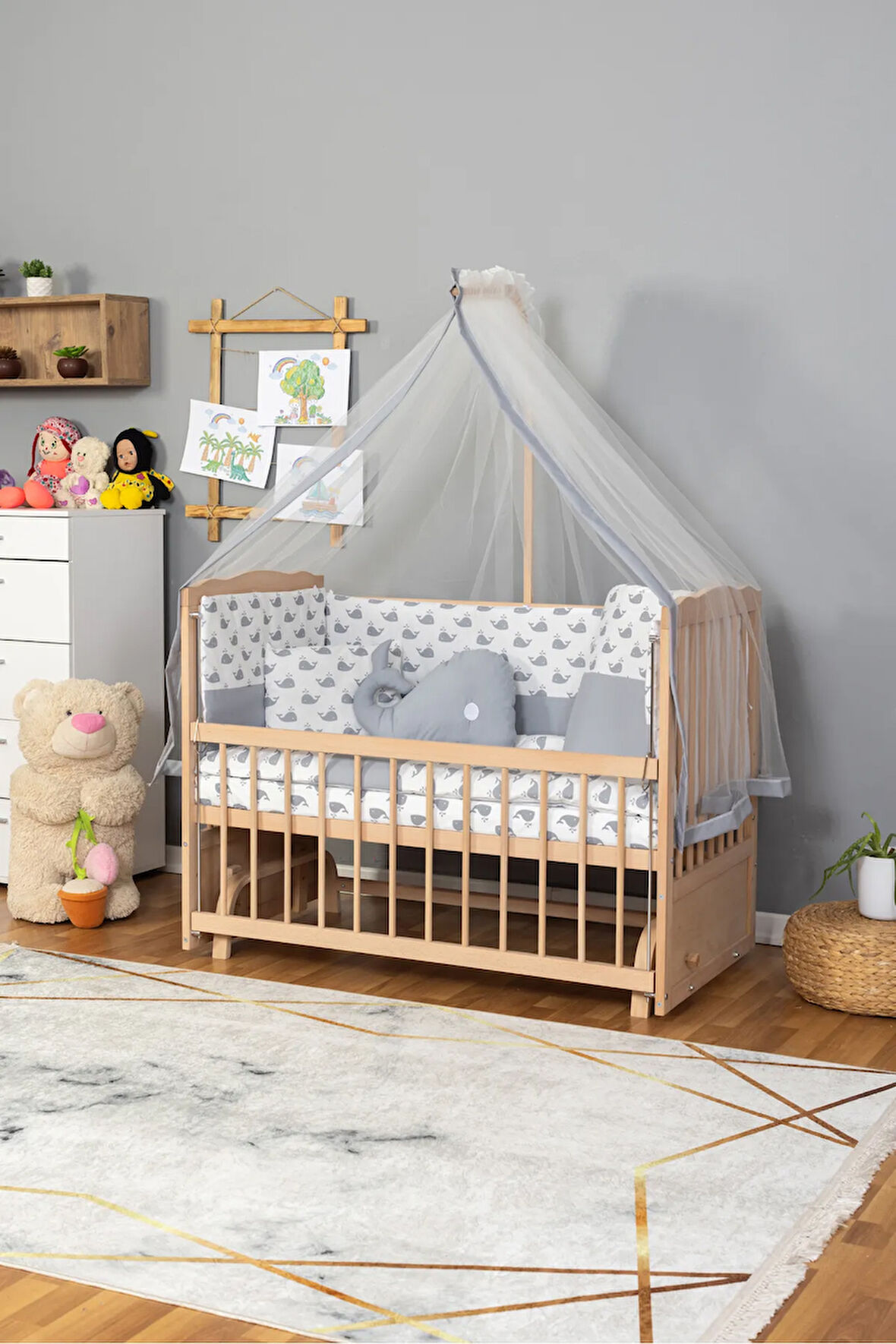 Ahşap Beşik Anne Yanı Beşik Organik (BOYASIZ) 60x120 - Gri Balina Uyku Seti Yatak