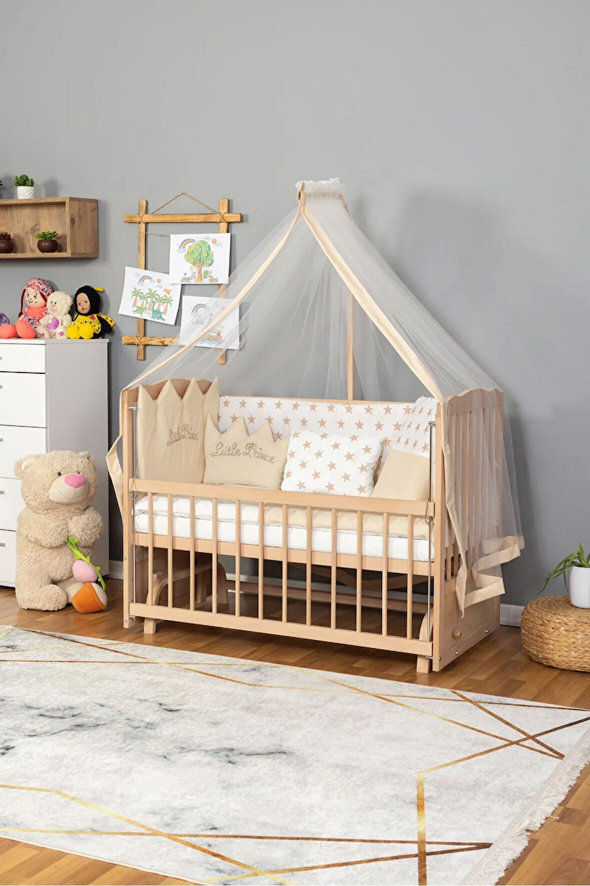 Ahşap Beşik Anne Yanı Beşik Organik (BOYASIZ) 60x120 - Krem Prens (ERKEK) Uyku Seti Yatak