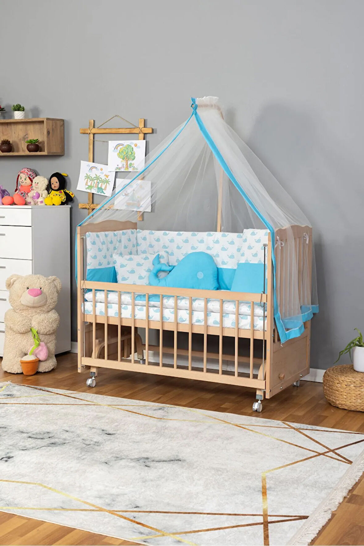 Ahşap Beşik Anne Yanı Beşik Organik (BOYASIZ) 60x120 - Mavi Balina Uyku Seti Yatak Tekerlekli