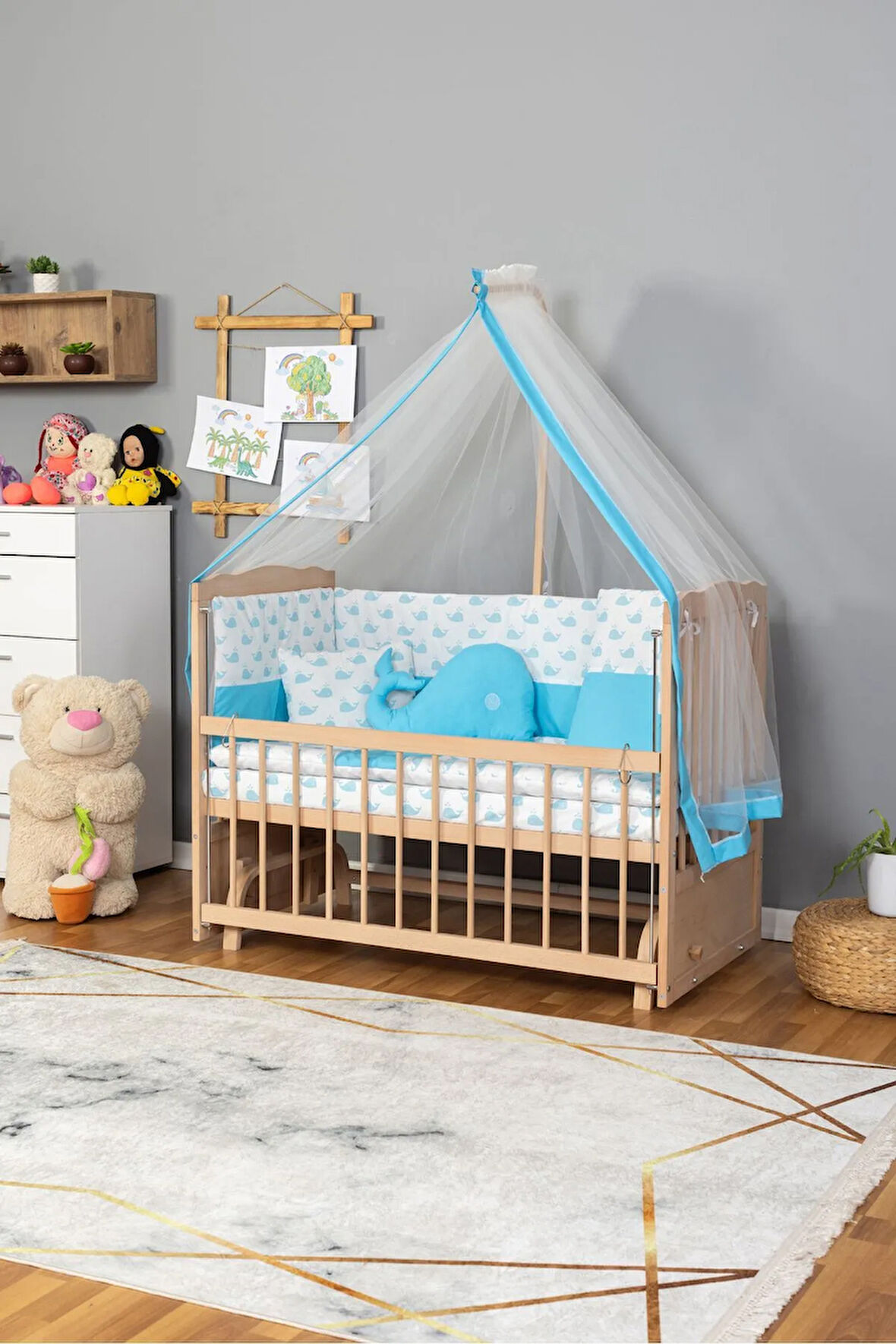 Ahşap Beşik Anne Yanı Beşik Organik (BOYASIZ) 60x120 - Mavi Balina Uyku Seti Yatak