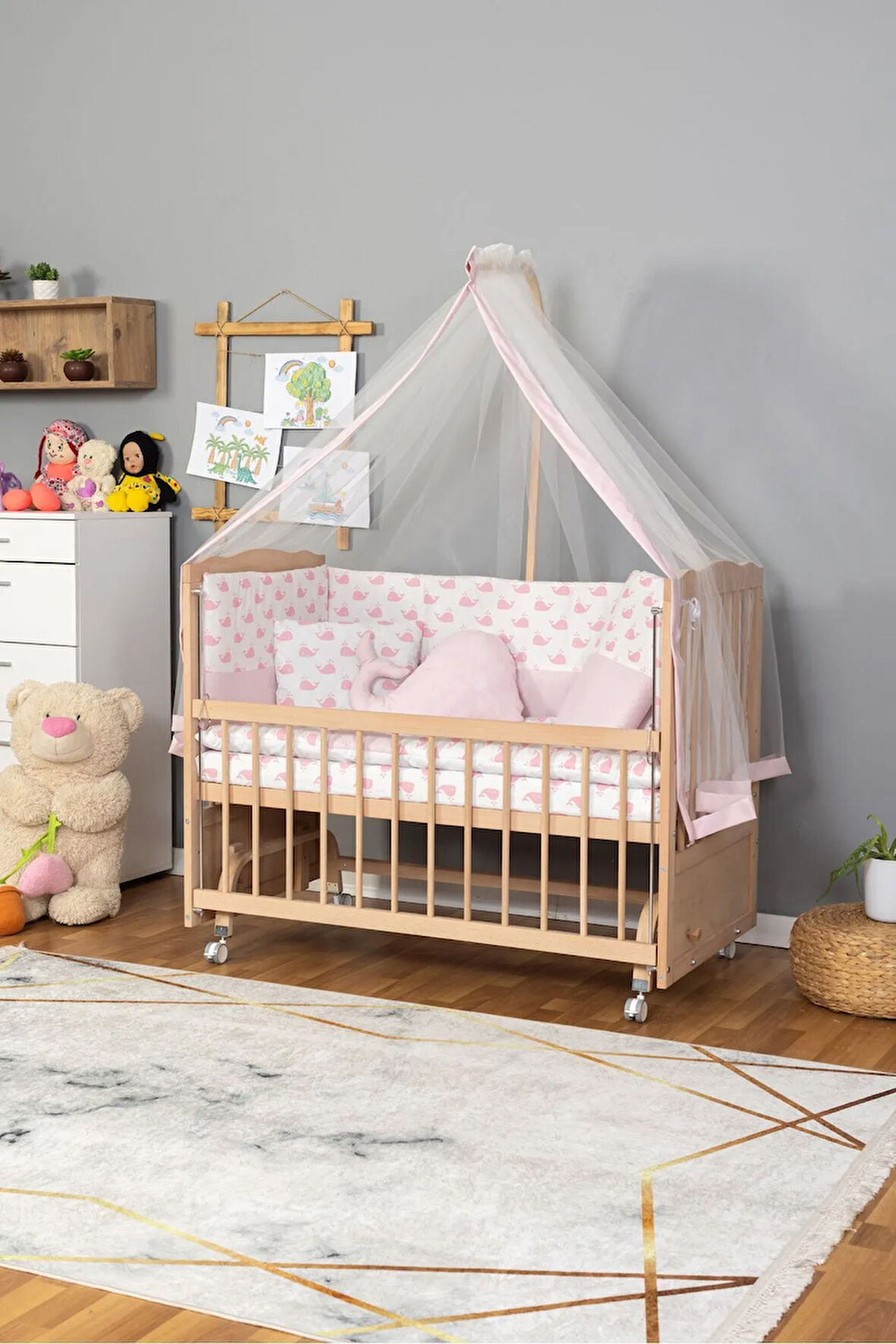 Ahşap Beşik Anne Yanı Beşik Organik (BOYASIZ) 60x120 - Pembe Balina Uyku Seti Yatak Tekerlekli