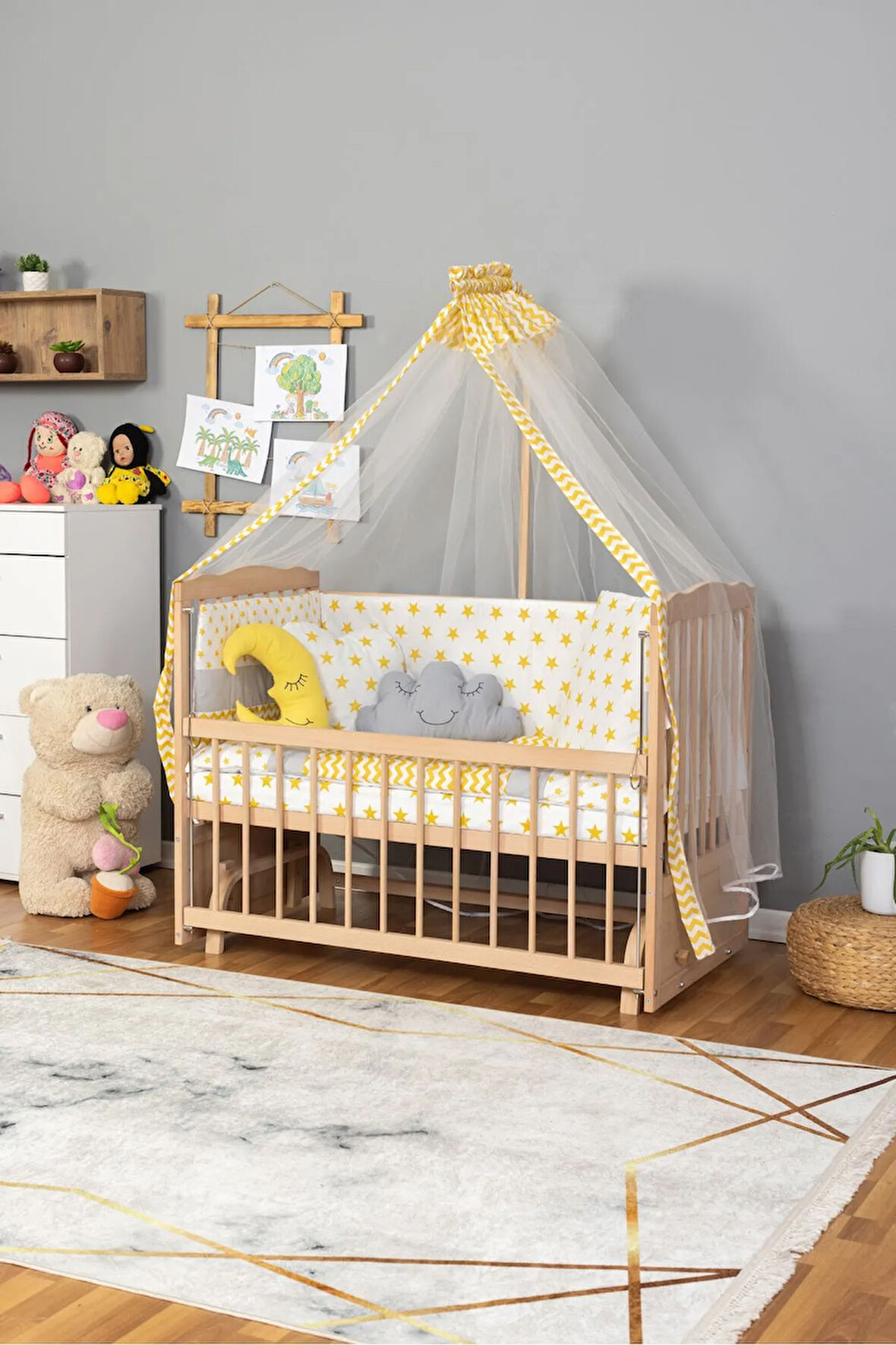 Ahşap Beşik Anne Yanı Beşik Organik (BOYASIZ) 60x120 - Sarı Yıldız Uyku Seti Yatak