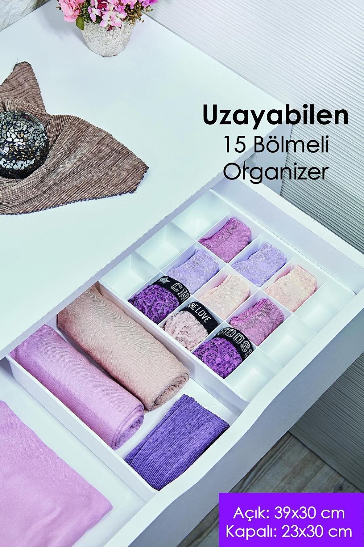 Uzayabilen Ayarlanabilen 15 Bölmeli Dolap İçi Düzenleyici Organizer Beyaz Renk