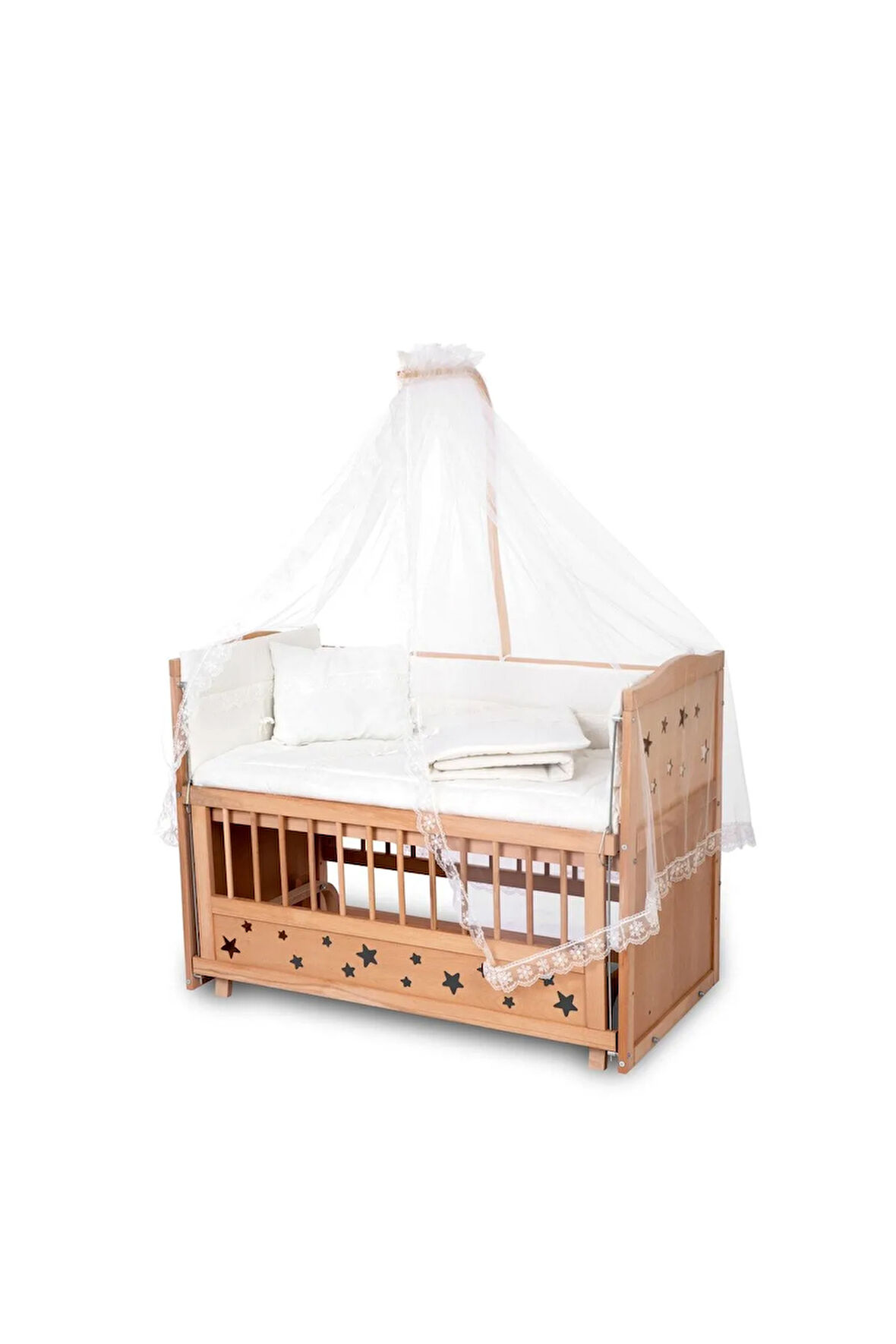 Ahşap Beşik Anne Yanı Beşik Organik (BOYASIZ) 60x120 - Krem Güpür Uyku Seti Yatak