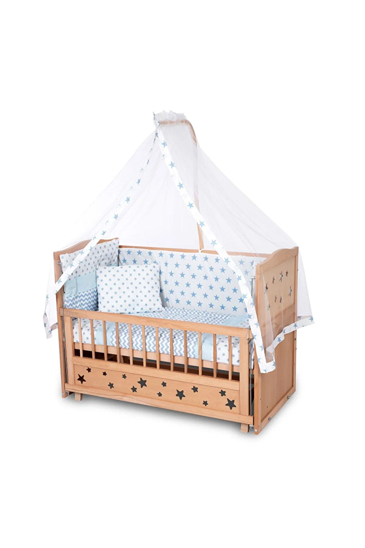 Ahşap Beşik Anne Yanı Beşik Organik (BOYASIZ) 60x120 - Mavi Yıldız Tek Yastıklı Uyku Seti Yatak