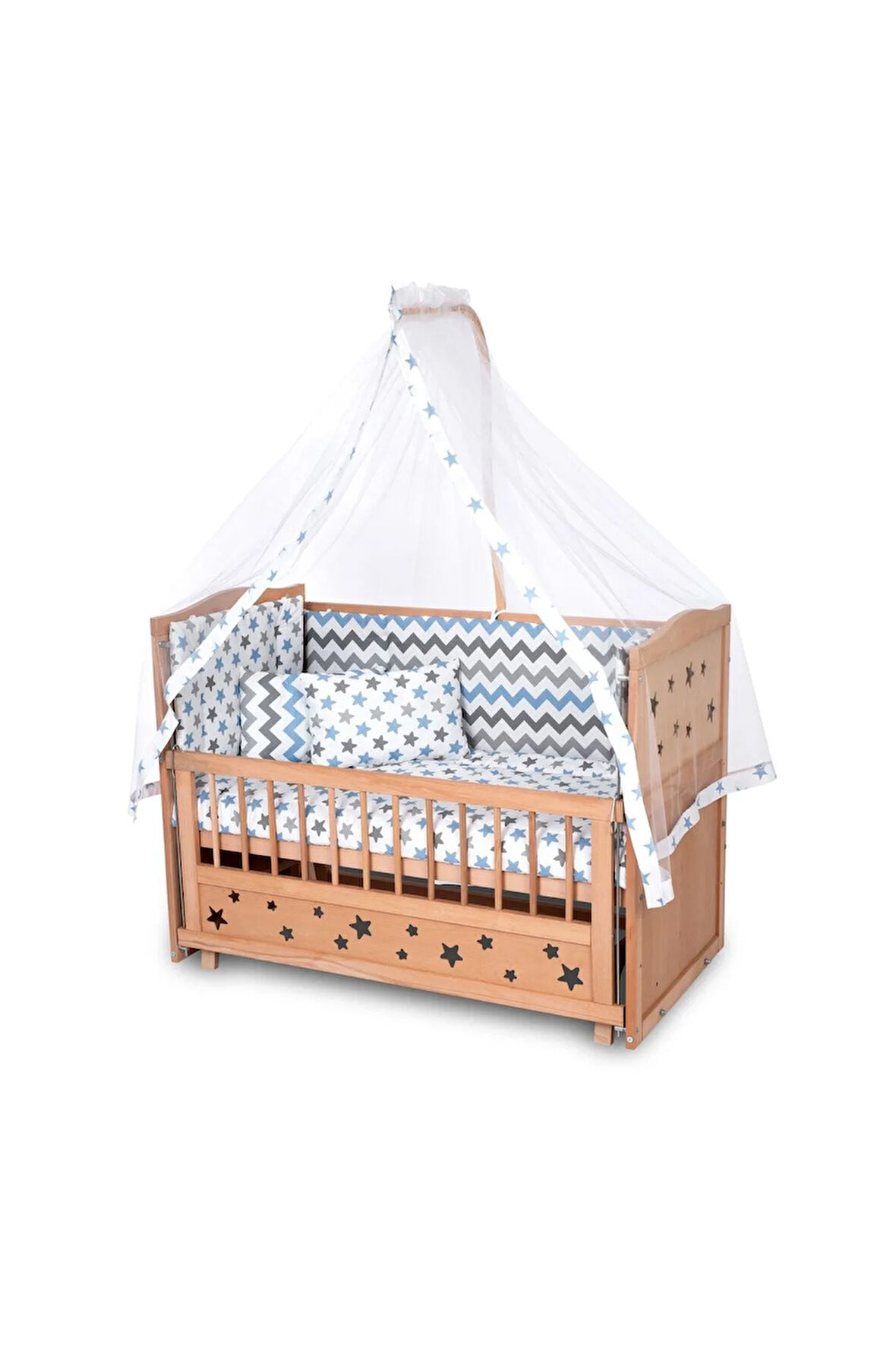 Ahşap Beşik Anne Yanı Beşik Organik (BOYASIZ) 60x120 - Mavi Yıldız Çift Yastıklı Uyku Seti Yatak